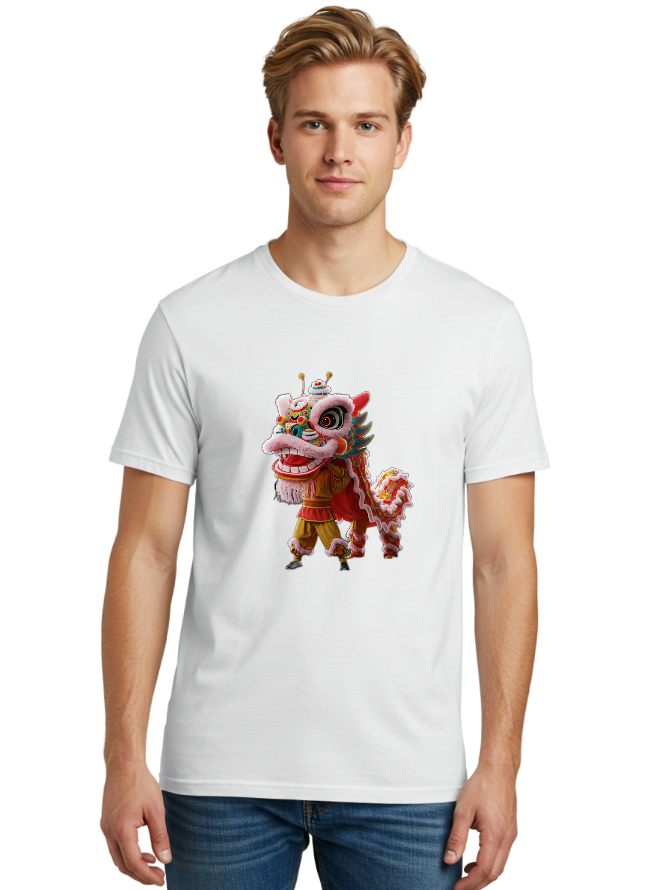 Dragon-Dance-Costume Men'S Graphic Tee, 100% Cotton, Comfortable Casual Summer Wear, Machine Washable, Lion Dance Costume, Traditional Chinese Dance, Vibrant Colors, Cultural Heritage, Festive Atmosphere, Mythical Creature, Chinese New Year, Baa556