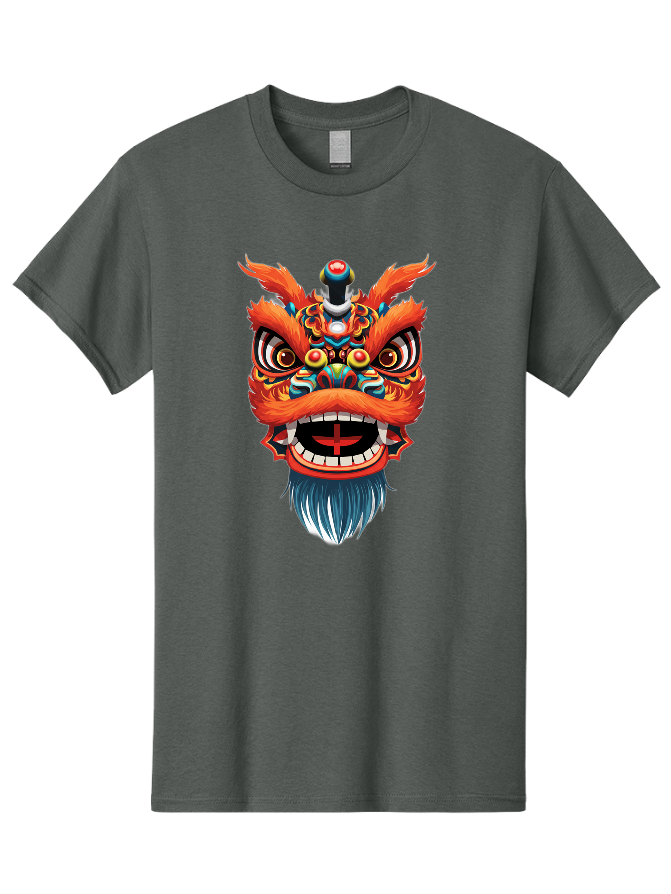 Dragon-Dance-Mask Men'S Graphic Tee, 100% Cotton, Comfortable Casual Summer Wear, Machine Washable, Lion Dance, Traditional Performance, Vibrant Colors, Cultural Heritage, Festive Atmosphere, Red And Orange Hues, Ornate Details, Baa557