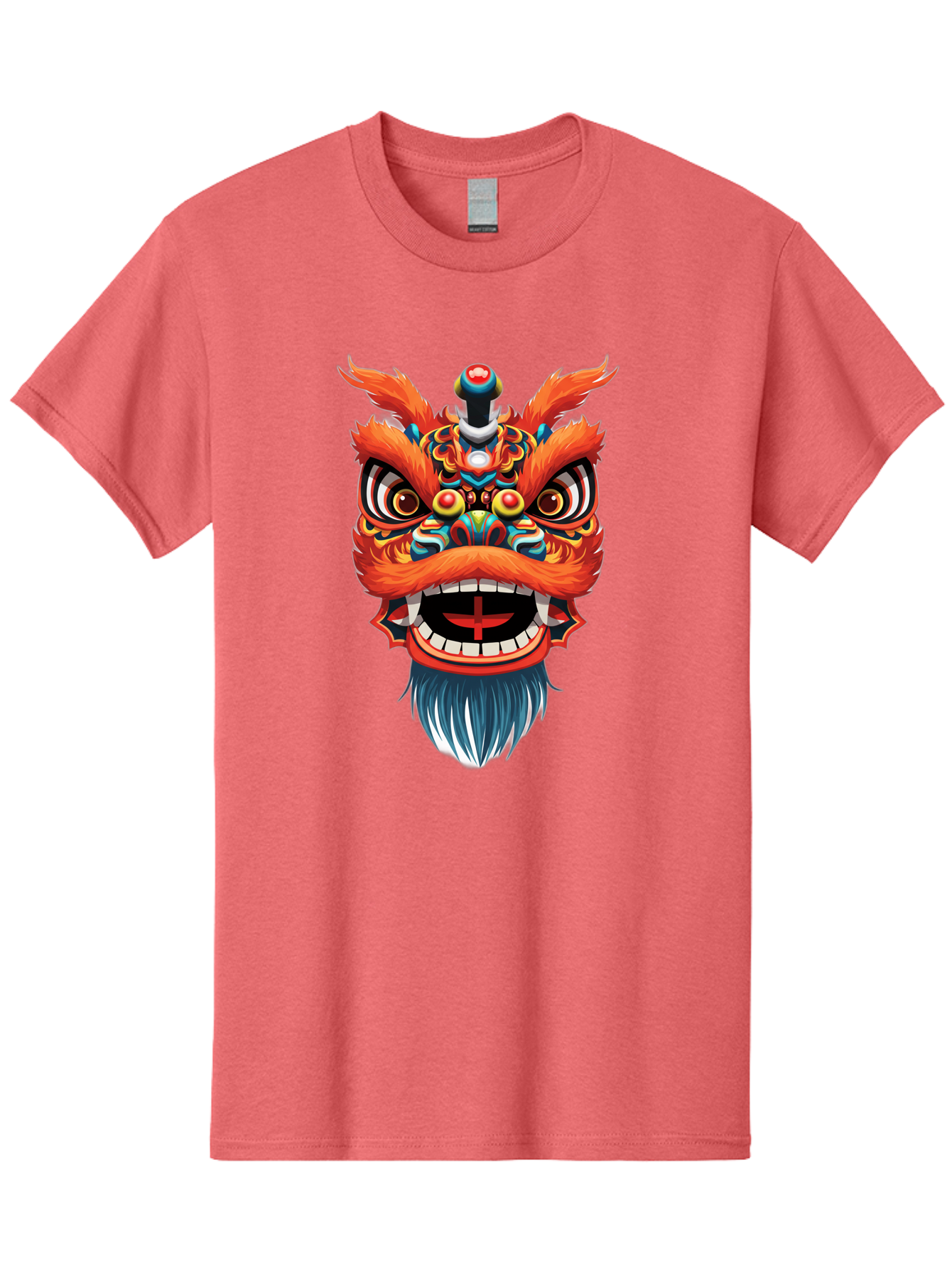 Dragon-Dance-Mask Men'S Graphic Tee, 100% Cotton, Comfortable Casual Summer Wear, Machine Washable, Lion Dance, Traditional Performance, Vibrant Colors, Cultural Heritage, Festive Atmosphere, Red And Orange Hues, Ornate Details, Baa557