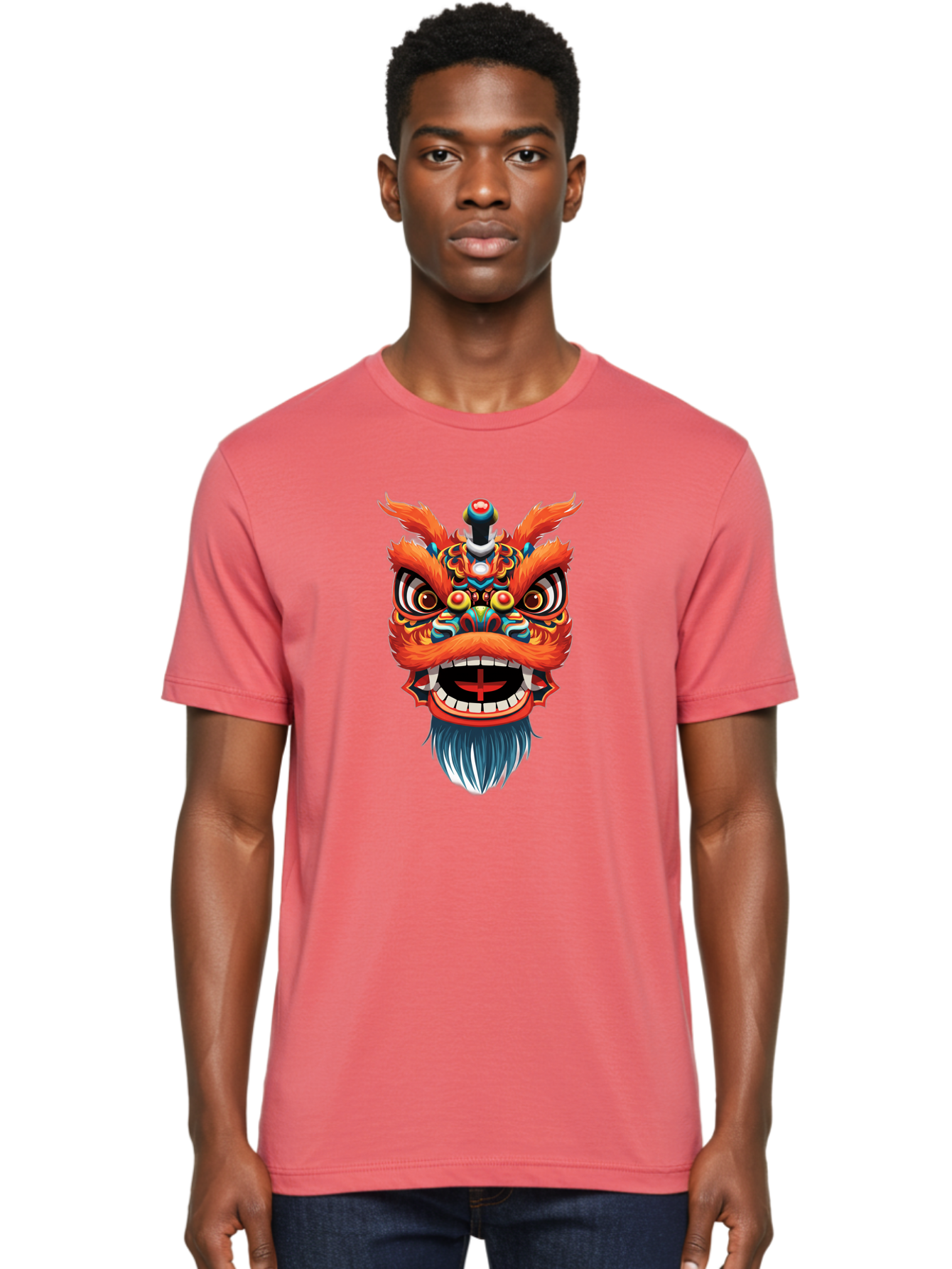 Dragon-Dance-Mask Men'S Graphic Tee, 100% Cotton, Comfortable Casual Summer Wear, Machine Washable, Lion Dance, Traditional Performance, Vibrant Colors, Cultural Heritage, Festive Atmosphere, Red And Orange Hues, Ornate Details, Baa557