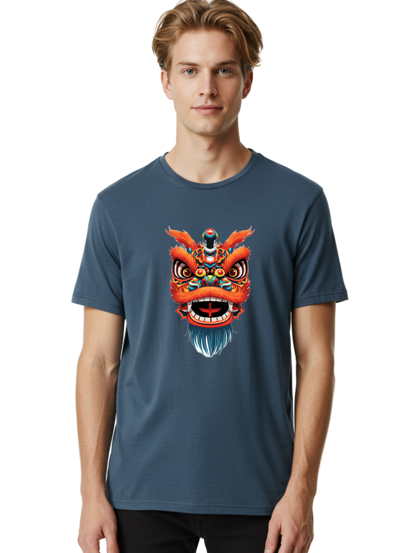 Dragon-Dance-Mask Men'S Graphic Tee, 100% Cotton, Comfortable Casual Summer Wear, Machine Washable, Lion Dance, Traditional Performance, Vibrant Colors, Cultural Heritage, Festive Atmosphere, Red And Orange Hues, Ornate Details, Baa557