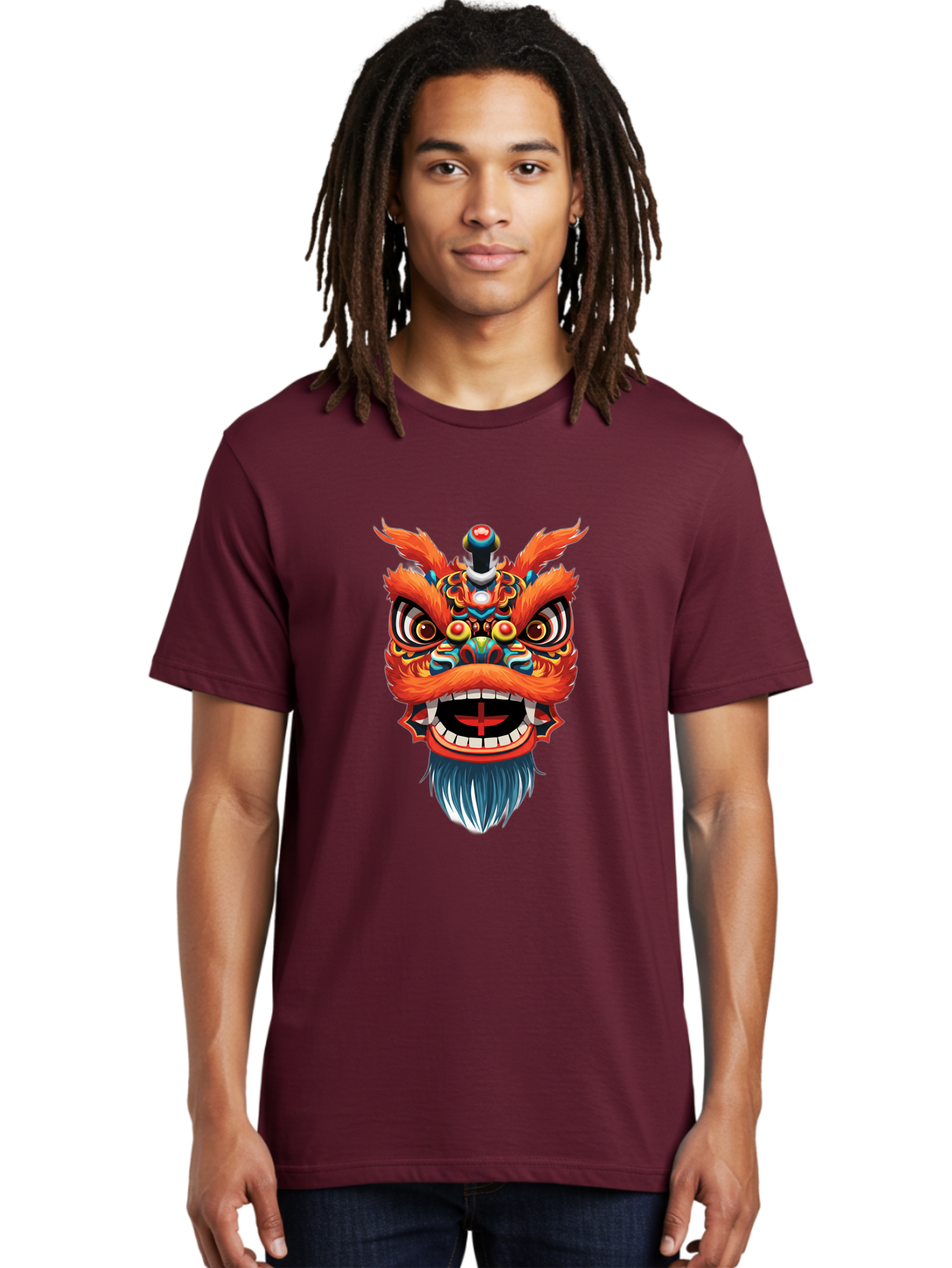 Dragon-Dance-Mask Men'S Graphic Tee, 100% Cotton, Comfortable Casual Summer Wear, Machine Washable, Lion Dance, Traditional Performance, Vibrant Colors, Cultural Heritage, Festive Atmosphere, Red And Orange Hues, Ornate Details, Baa557