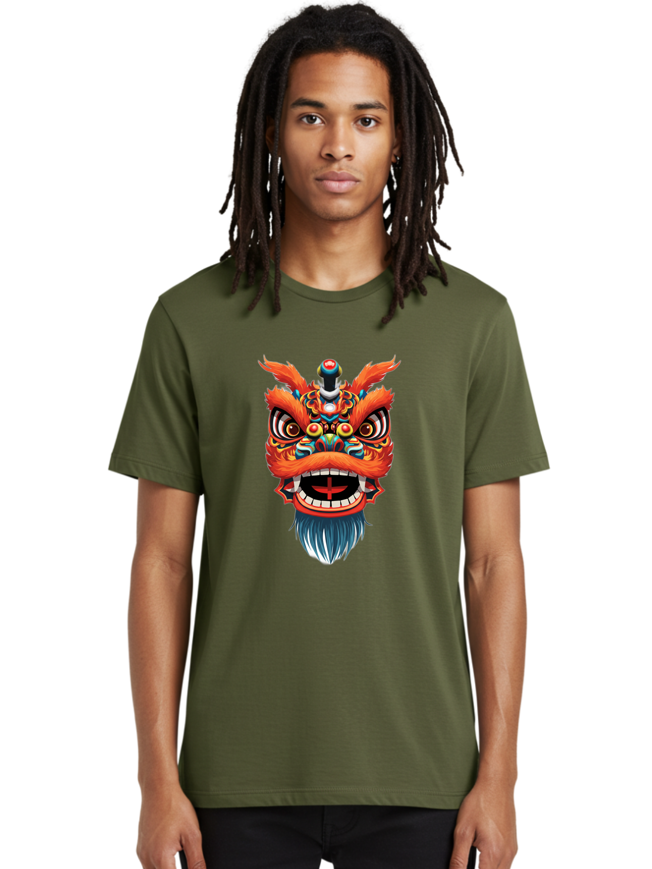 Dragon-Dance-Mask Men'S Graphic Tee, 100% Cotton, Comfortable Casual Summer Wear, Machine Washable, Lion Dance, Traditional Performance, Vibrant Colors, Cultural Heritage, Festive Atmosphere, Red And Orange Hues, Ornate Details, Baa557