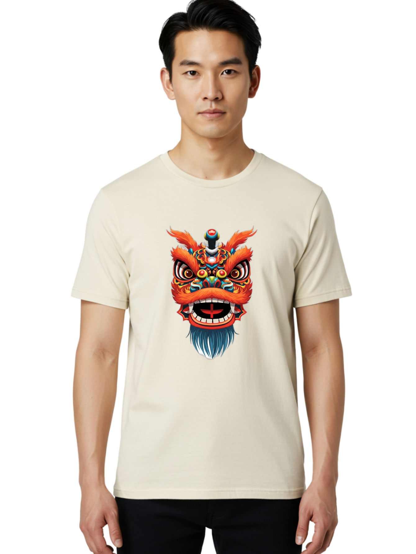 Dragon-Dance-Mask Men'S Graphic Tee, 100% Cotton, Comfortable Casual Summer Wear, Machine Washable, Lion Dance, Traditional Performance, Vibrant Colors, Cultural Heritage, Festive Atmosphere, Red And Orange Hues, Ornate Details, Baa557
