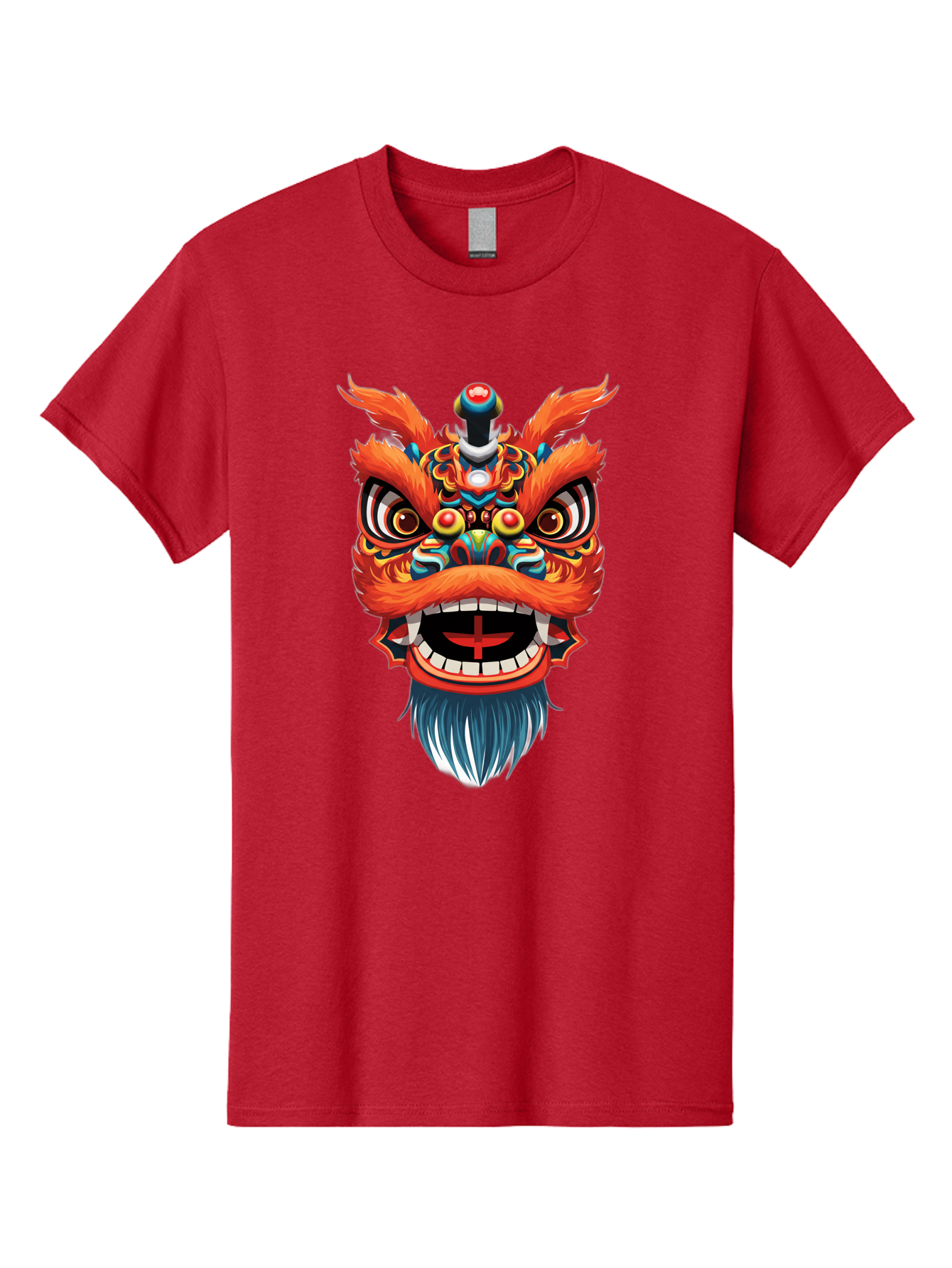 Dragon-Dance-Mask Men'S Graphic Tee, 100% Cotton, Comfortable Casual Summer Wear, Machine Washable, Lion Dance, Traditional Performance, Vibrant Colors, Cultural Heritage, Festive Atmosphere, Red And Orange Hues, Ornate Details, Baa557