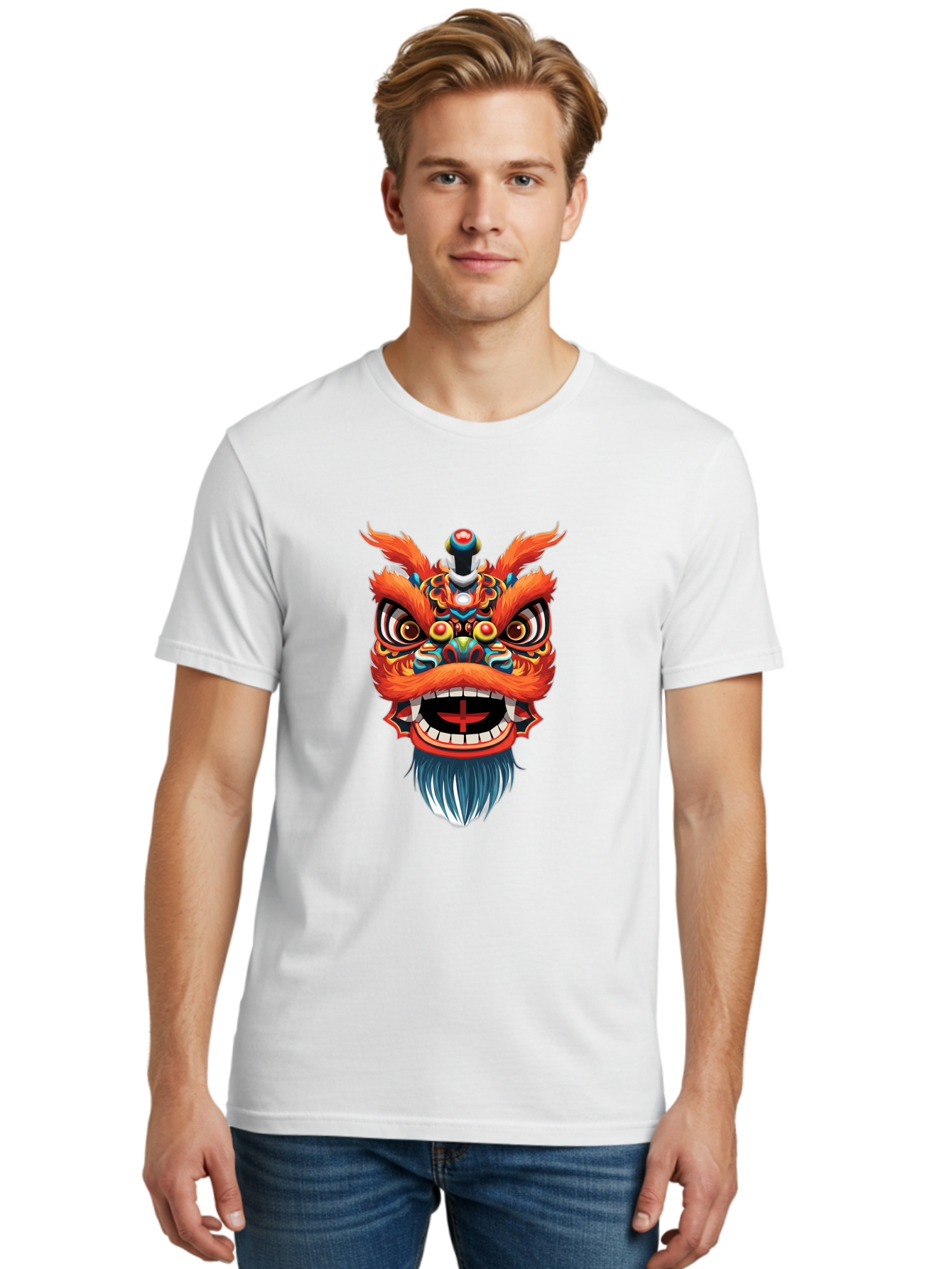 Dragon-Dance-Mask Men'S Graphic Tee, 100% Cotton, Comfortable Casual Summer Wear, Machine Washable, Lion Dance, Traditional Performance, Vibrant Colors, Cultural Heritage, Festive Atmosphere, Red And Orange Hues, Ornate Details, Baa557