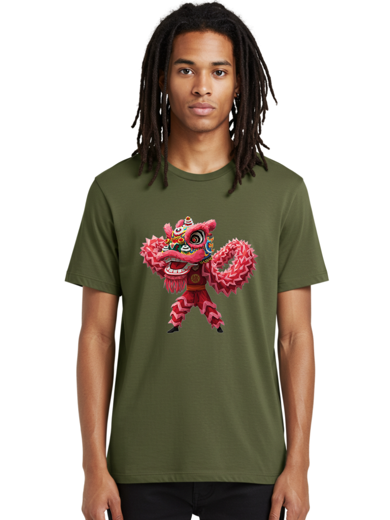 Dragon-Dance Men'S Graphic Tee, 100% Cotton, Comfortable Casual Summer Wear, Machine Washable, Traditional Lion Dance Costume, Cultural Heritage, Festive Celebration, Vibrant Red Color, Intricate Design, Dynamic Movement, Chinese Culture, Baa558