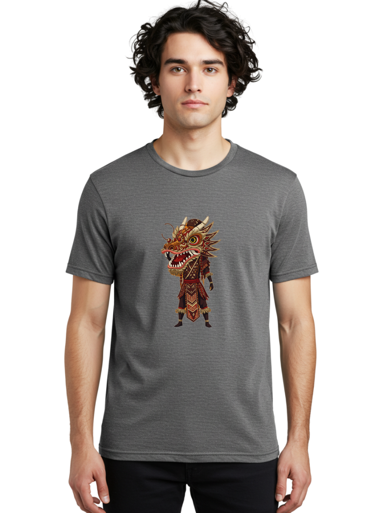 Dragon-Dancer Men'S Graphic Tee, 100% Cotton, Comfortable Casual Summer Wear, Machine Washable, Dragon Head Costume, Cultural Attire, Traditional Clothing, Mythological Creature, Festival Wear, Elaborate Design, Sharp Teeth, Mythical Being, Baa559