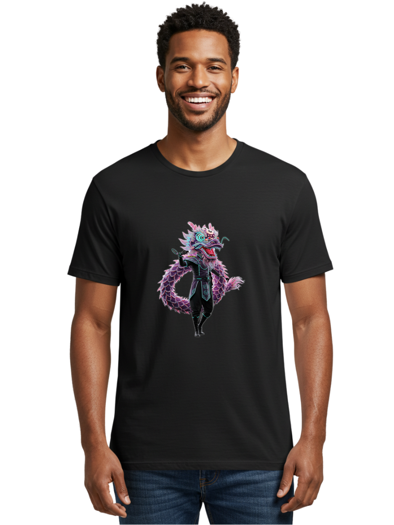 Dragon-Headed-Humanoid Men'S Graphic Tee, 100% Cotton, Comfortable Casual Summer Wear, Machine Washable, Fantasy Dragon Costume, Purple Scales, Ninja Outfit, Martial Arts Pose, Glowing Eyes, Futuristic Design, Mystical Creature, Anime Style, Baa560