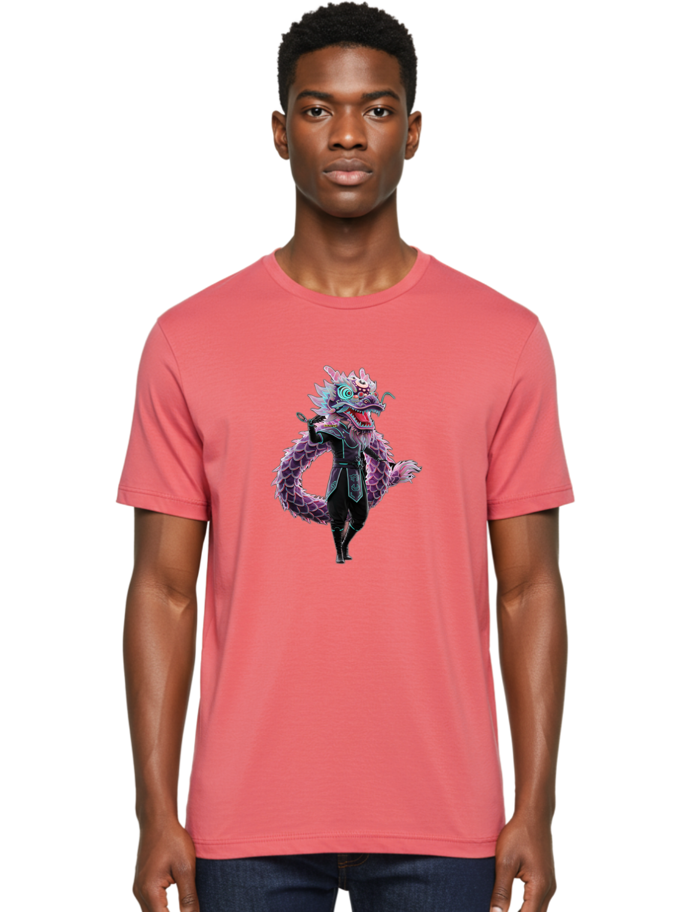 Dragon-Headed-Humanoid Men'S Graphic Tee, 100% Cotton, Comfortable Casual Summer Wear, Machine Washable, Fantasy Dragon Costume, Purple Scales, Ninja Outfit, Martial Arts Pose, Glowing Eyes, Futuristic Design, Mystical Creature, Anime Style, Baa560