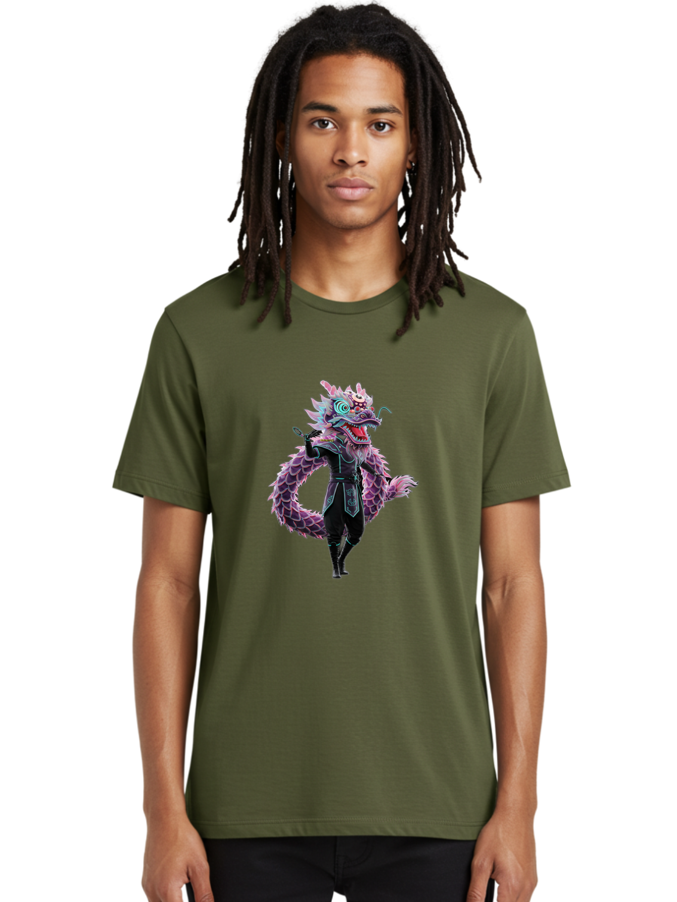 Dragon-Headed-Humanoid Men'S Graphic Tee, 100% Cotton, Comfortable Casual Summer Wear, Machine Washable, Fantasy Dragon Costume, Purple Scales, Ninja Outfit, Martial Arts Pose, Glowing Eyes, Futuristic Design, Mystical Creature, Anime Style, Baa560