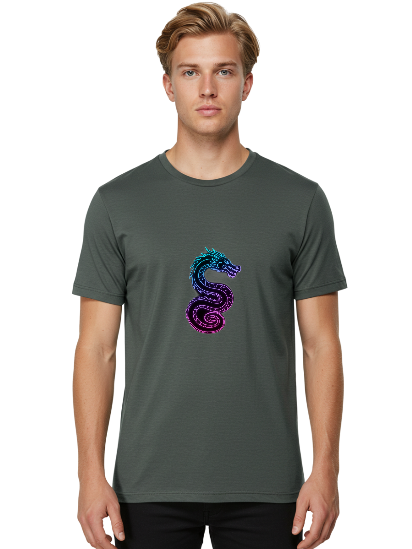 Dragon-Icon Men'S Graphic Tee, 100% Cotton, Comfortable Casual Summer Wear, Machine Washable, Purple And Blue Neon Dragon, Coiled Serpent, Mythical Creature, Fantasy Art, Glowing Neon, Vibrant Colors, Abstract Design, Stylized Dragon Head, Baa561