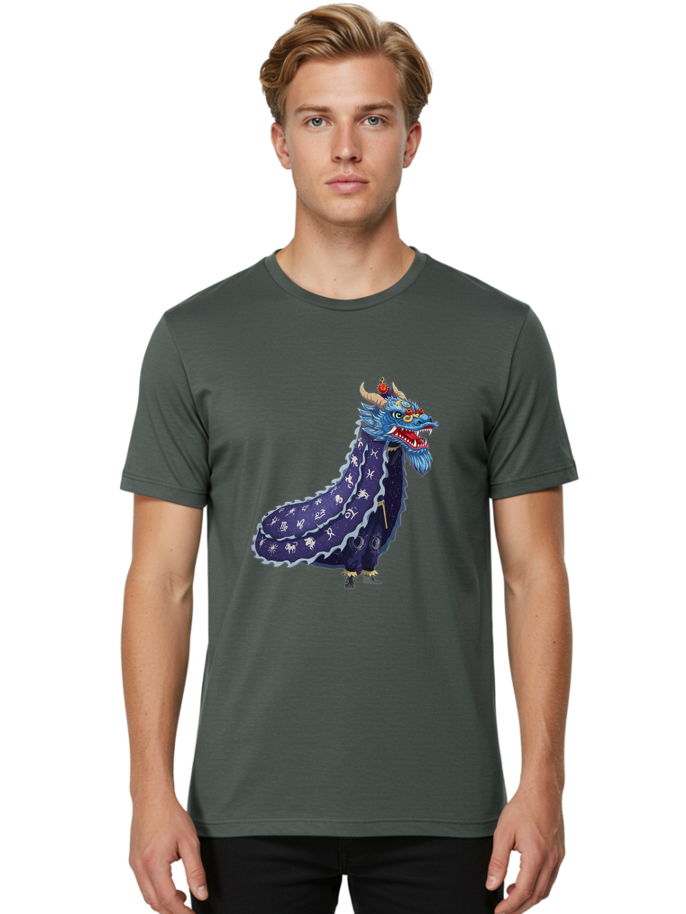 Dragon-Zodiac Men'S Graphic Tee, 100% Cotton, Comfortable Casual Summer Wear, Machine Washable, Mythical Dragon, Zodiac Signs, Astrology Symbols, Fantasy Creature, Zodiac Wheel, Mystical Being, Dragon Illustration, Cosmic Art Baa562