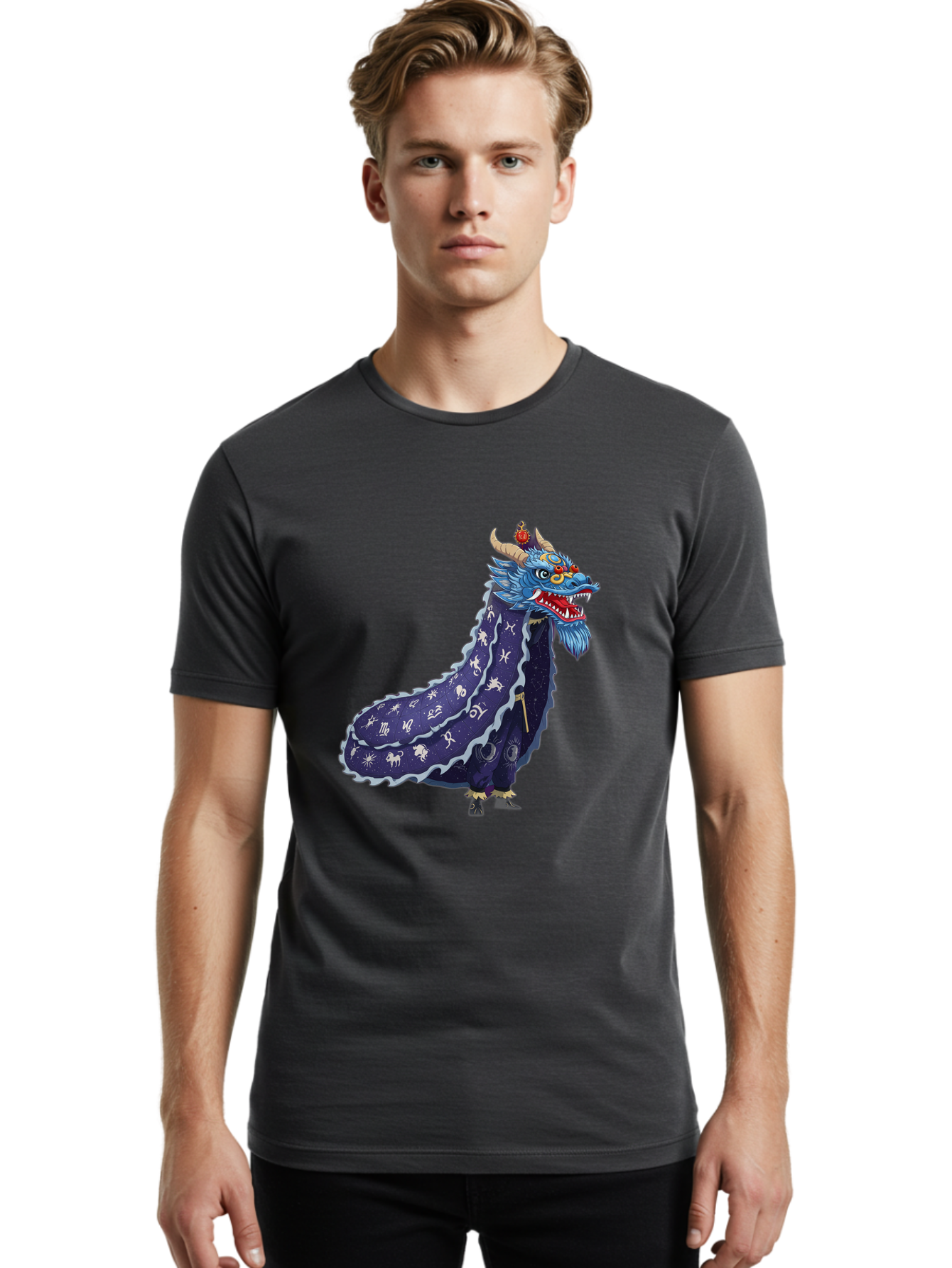 Dragon-Zodiac Men'S Graphic Tee, 100% Cotton, Comfortable Casual Summer Wear, Machine Washable, Mythical Dragon, Zodiac Signs, Astrology Symbols, Fantasy Creature, Zodiac Wheel, Mystical Being, Dragon Illustration, Cosmic Art Baa562