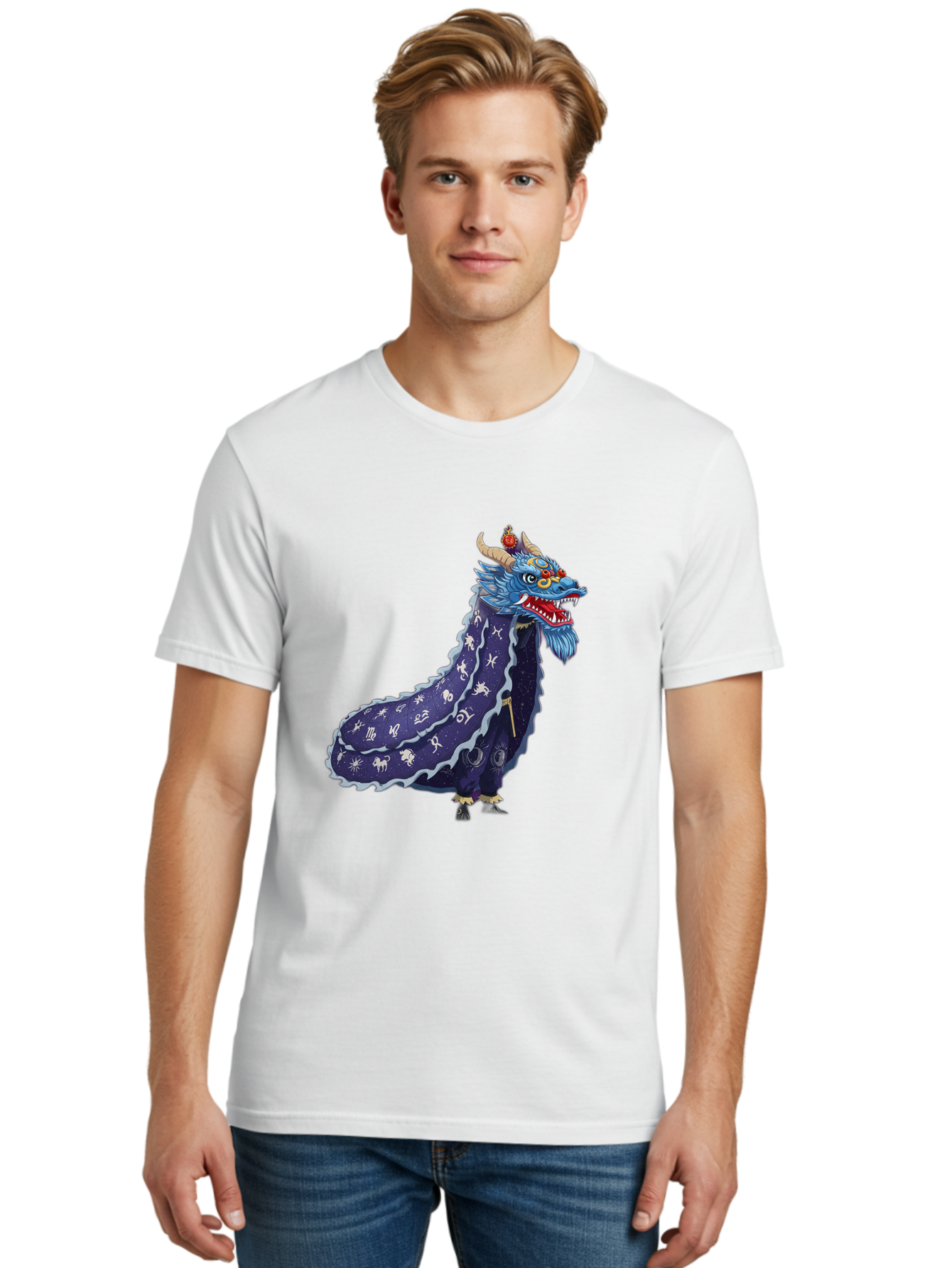 Dragon-Zodiac Men'S Graphic Tee, 100% Cotton, Comfortable Casual Summer Wear, Machine Washable, Mythical Dragon, Zodiac Signs, Astrology Symbols, Fantasy Creature, Zodiac Wheel, Mystical Being, Dragon Illustration, Cosmic Art Baa562