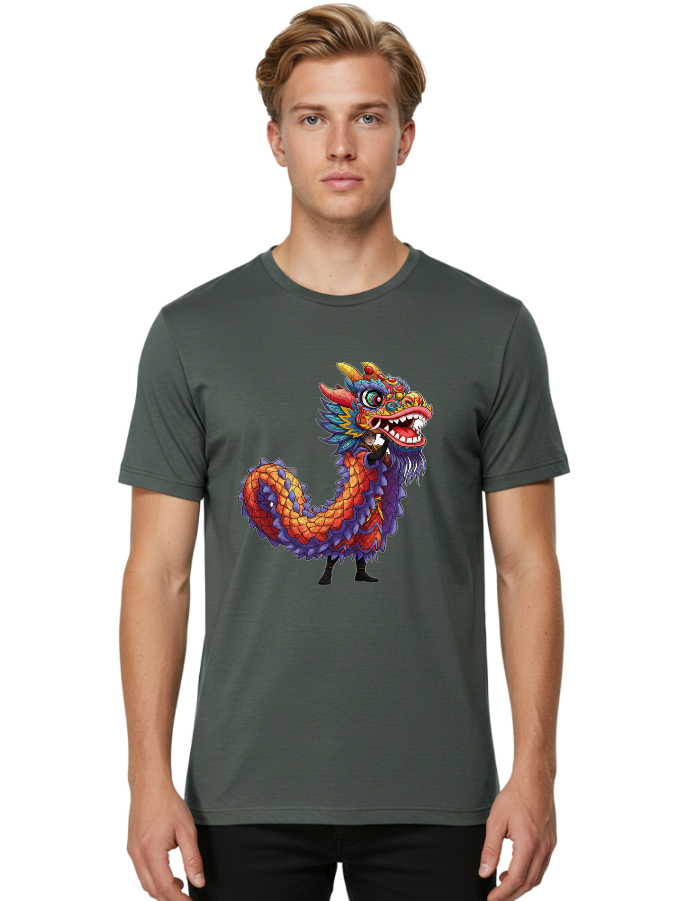 Dragon Men'S Graphic Tee, 100% Cotton, Comfortable Casual Summer Wear, Machine Washable, Vibrant Dragon, Mythical Creature, Chinese Culture, Colorful Scales, Sharp Teeth, Bold Design, Fantasy Art, Cartoon Style Baa563