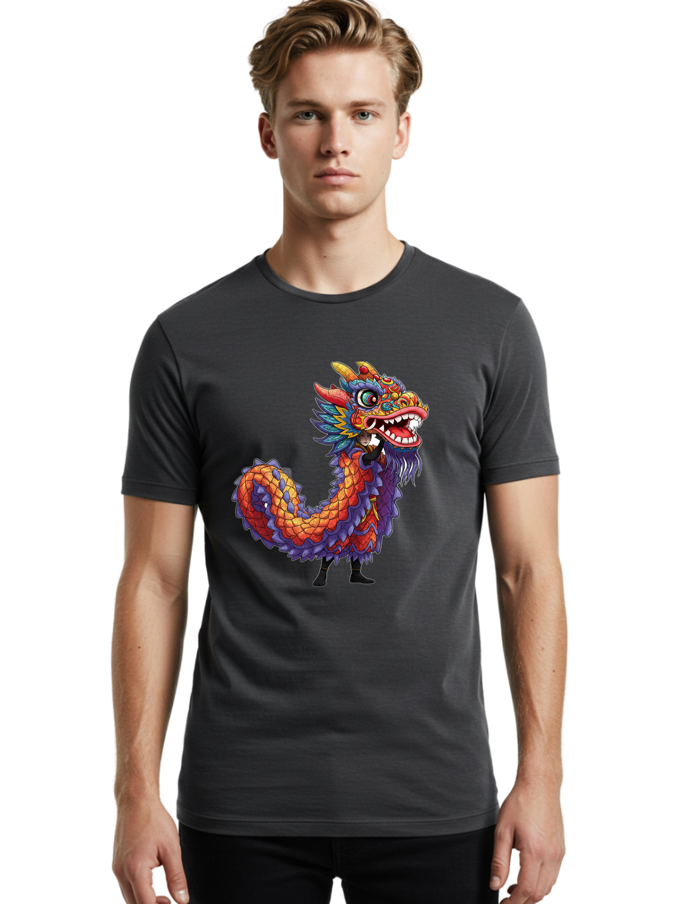 Dragon Men'S Graphic Tee, 100% Cotton, Comfortable Casual Summer Wear, Machine Washable, Vibrant Dragon, Mythical Creature, Chinese Culture, Colorful Scales, Sharp Teeth, Bold Design, Fantasy Art, Cartoon Style Baa563