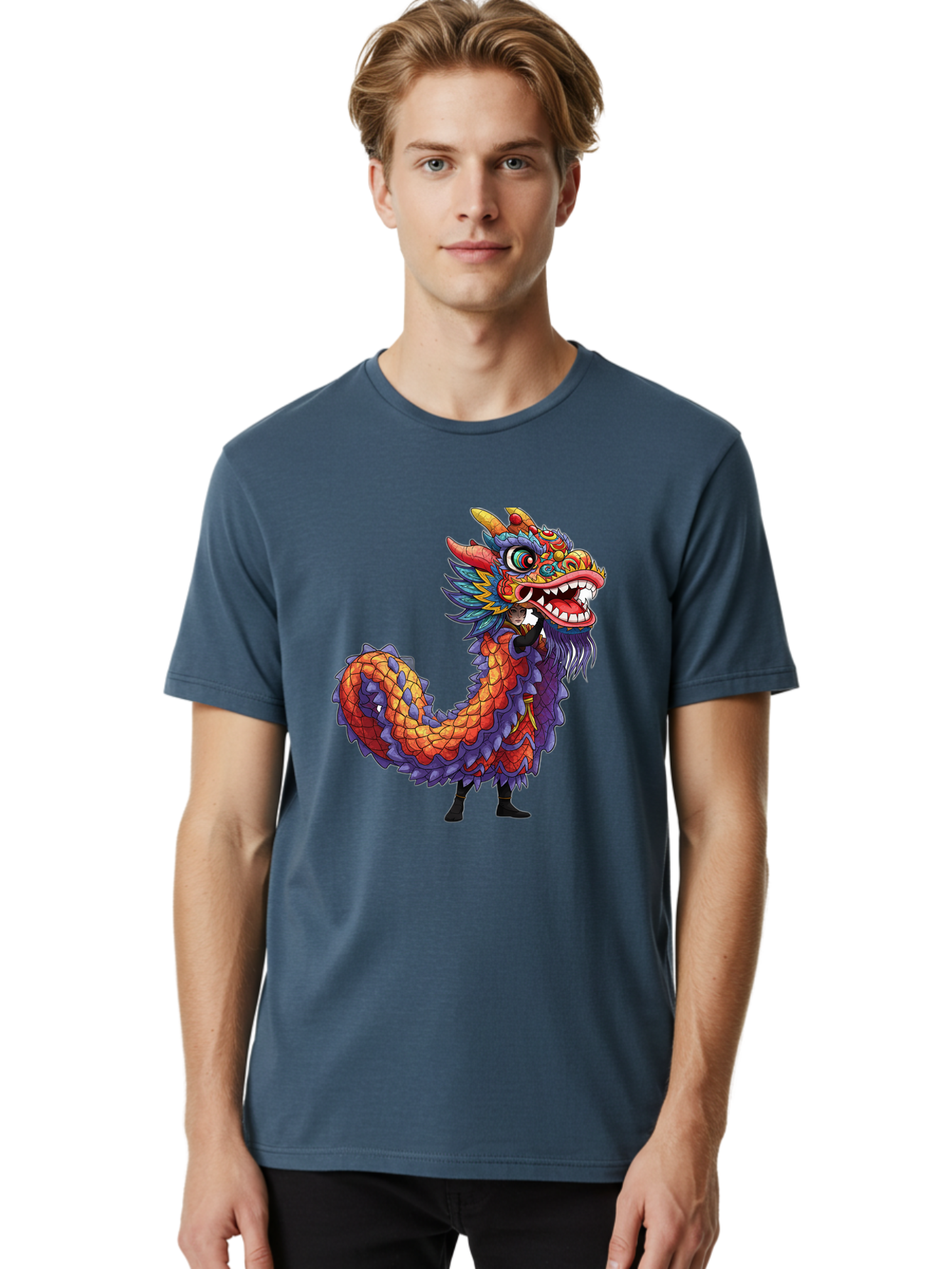 Dragon Men'S Graphic Tee, 100% Cotton, Comfortable Casual Summer Wear, Machine Washable, Vibrant Dragon, Mythical Creature, Chinese Culture, Colorful Scales, Sharp Teeth, Bold Design, Fantasy Art, Cartoon Style Baa563
