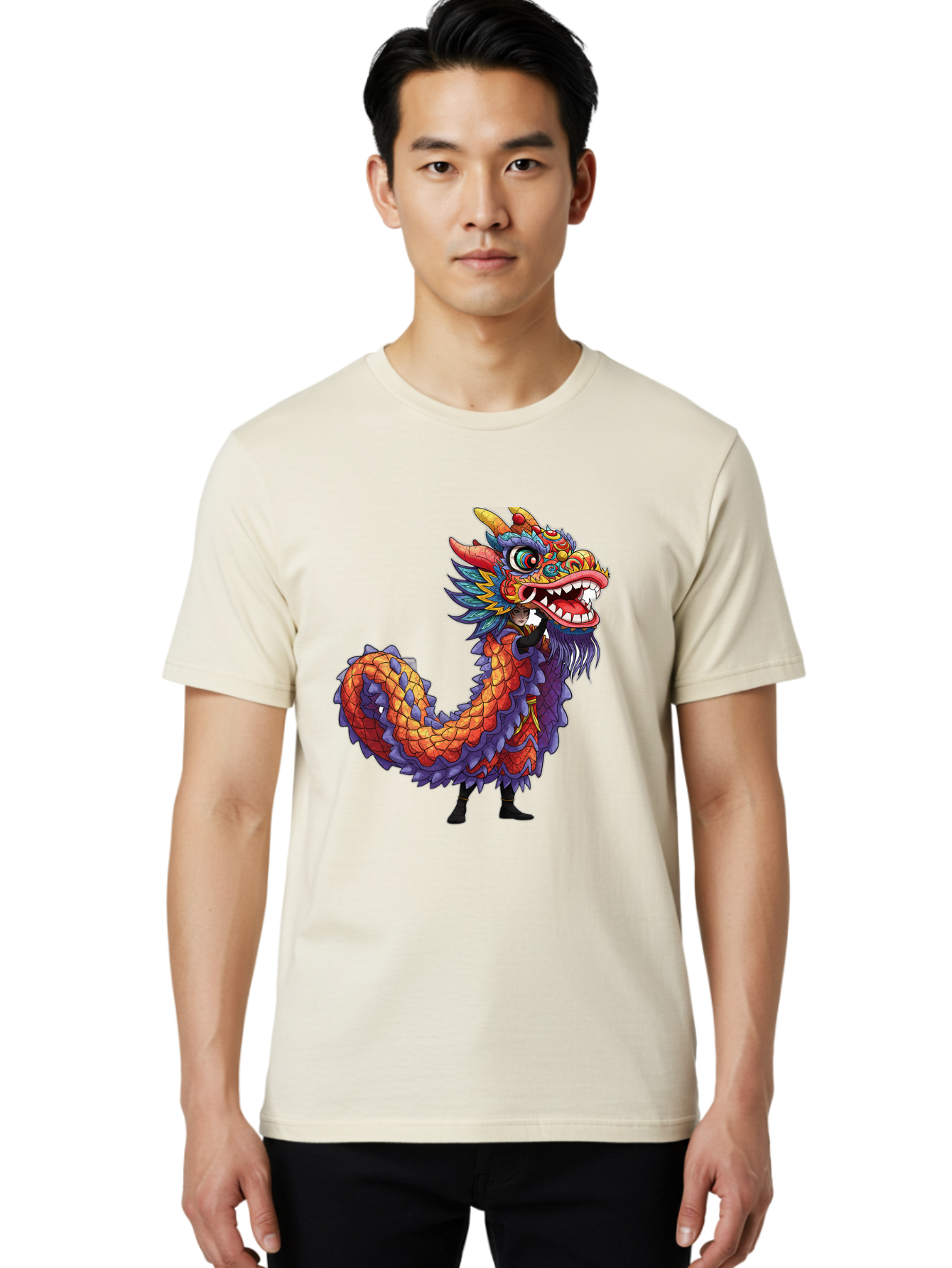Dragon Men'S Graphic Tee, 100% Cotton, Comfortable Casual Summer Wear, Machine Washable, Vibrant Dragon, Mythical Creature, Chinese Culture, Colorful Scales, Sharp Teeth, Bold Design, Fantasy Art, Cartoon Style Baa563