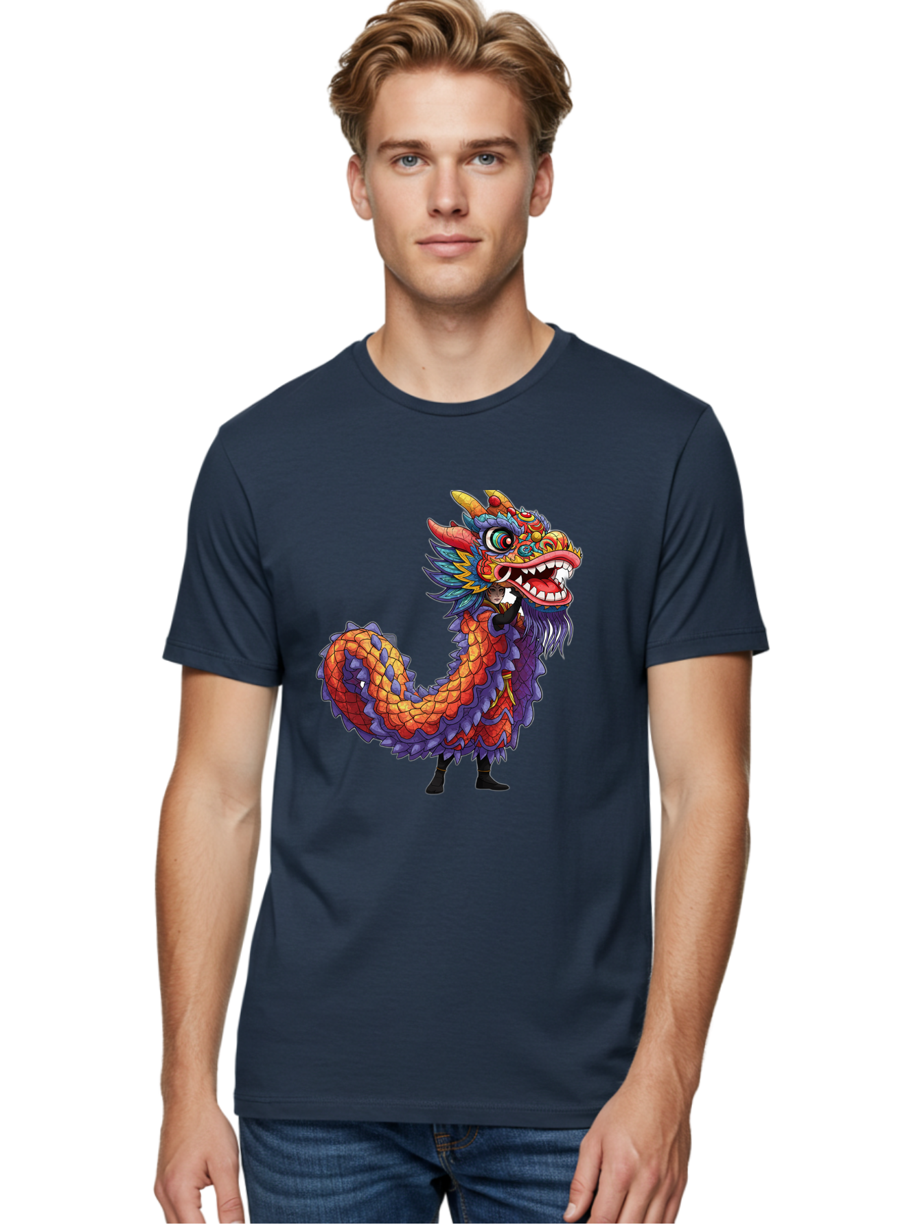 Dragon Men'S Graphic Tee, 100% Cotton, Comfortable Casual Summer Wear, Machine Washable, Vibrant Dragon, Mythical Creature, Chinese Culture, Colorful Scales, Sharp Teeth, Bold Design, Fantasy Art, Cartoon Style Baa563