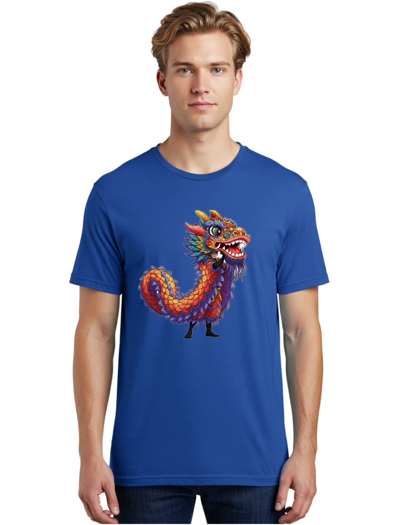 Dragon Men'S Graphic Tee, 100% Cotton, Comfortable Casual Summer Wear, Machine Washable, Vibrant Dragon, Mythical Creature, Chinese Culture, Colorful Scales, Sharp Teeth, Bold Design, Fantasy Art, Cartoon Style Baa563