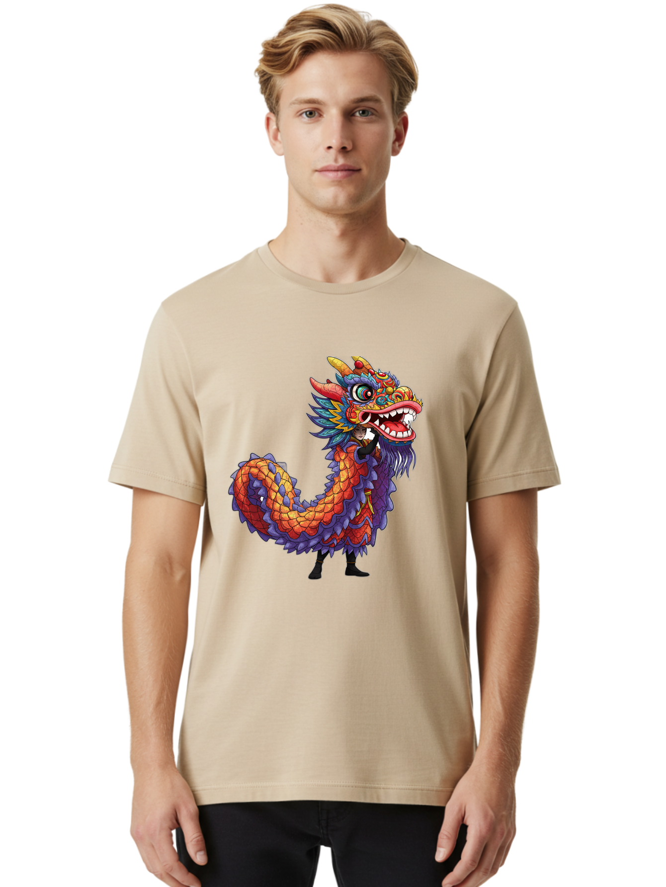Dragon Men'S Graphic Tee, 100% Cotton, Comfortable Casual Summer Wear, Machine Washable, Vibrant Dragon, Mythical Creature, Chinese Culture, Colorful Scales, Sharp Teeth, Bold Design, Fantasy Art, Cartoon Style Baa563