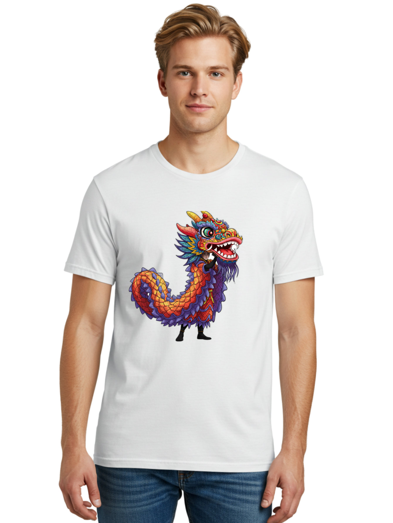 Dragon Men'S Graphic Tee, 100% Cotton, Comfortable Casual Summer Wear, Machine Washable, Vibrant Dragon, Mythical Creature, Chinese Culture, Colorful Scales, Sharp Teeth, Bold Design, Fantasy Art, Cartoon Style Baa563