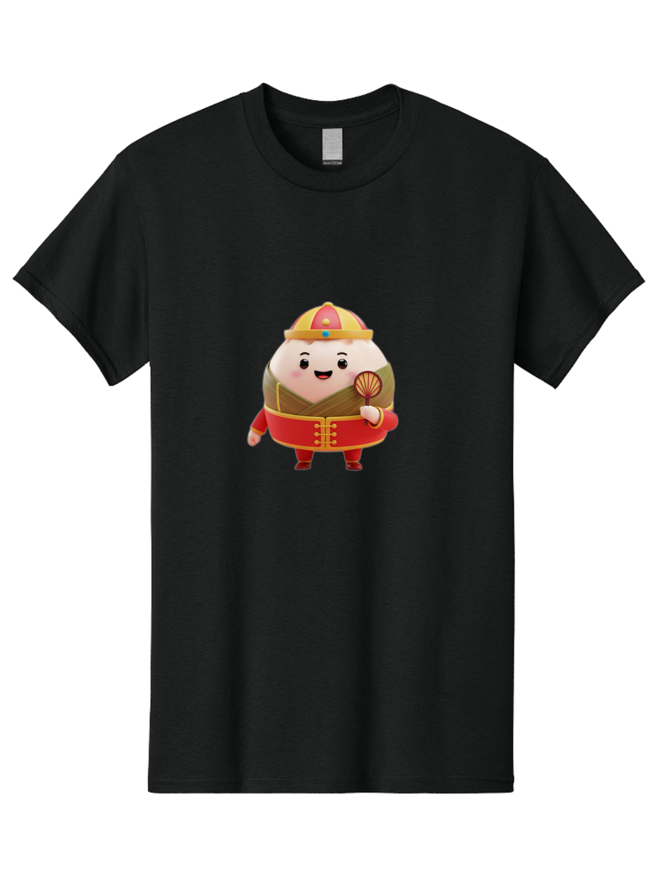 Dumpling-Character Men'S Graphic Tee, 100% Cotton, Comfortable Casual Summer Wear, Machine Washable, Cartoon Dumpling, Traditional Chinese Clothing, Red And Gold Attire, Smiling Face, Holding Fan, Cute Character, Chinese Culture, Baa568
