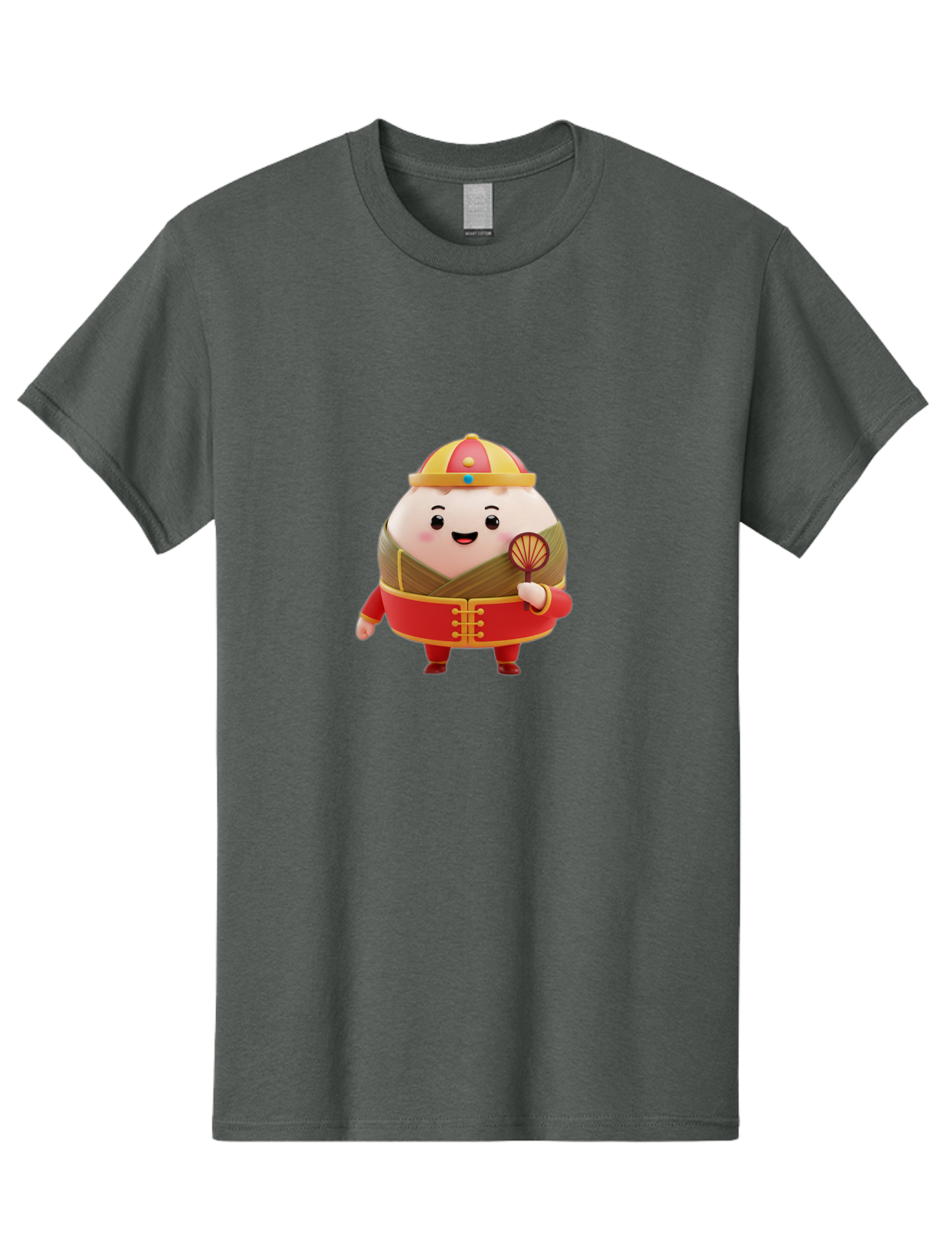 Dumpling-Character Men'S Graphic Tee, 100% Cotton, Comfortable Casual Summer Wear, Machine Washable, Cartoon Dumpling, Traditional Chinese Clothing, Red And Gold Attire, Smiling Face, Holding Fan, Cute Character, Chinese Culture, Baa568