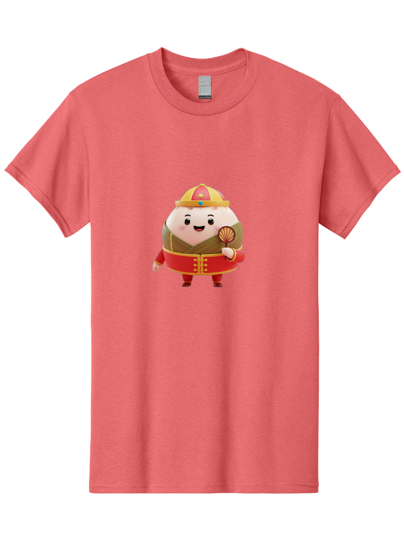 Dumpling-Character Men'S Graphic Tee, 100% Cotton, Comfortable Casual Summer Wear, Machine Washable, Cartoon Dumpling, Traditional Chinese Clothing, Red And Gold Attire, Smiling Face, Holding Fan, Cute Character, Chinese Culture, Baa568