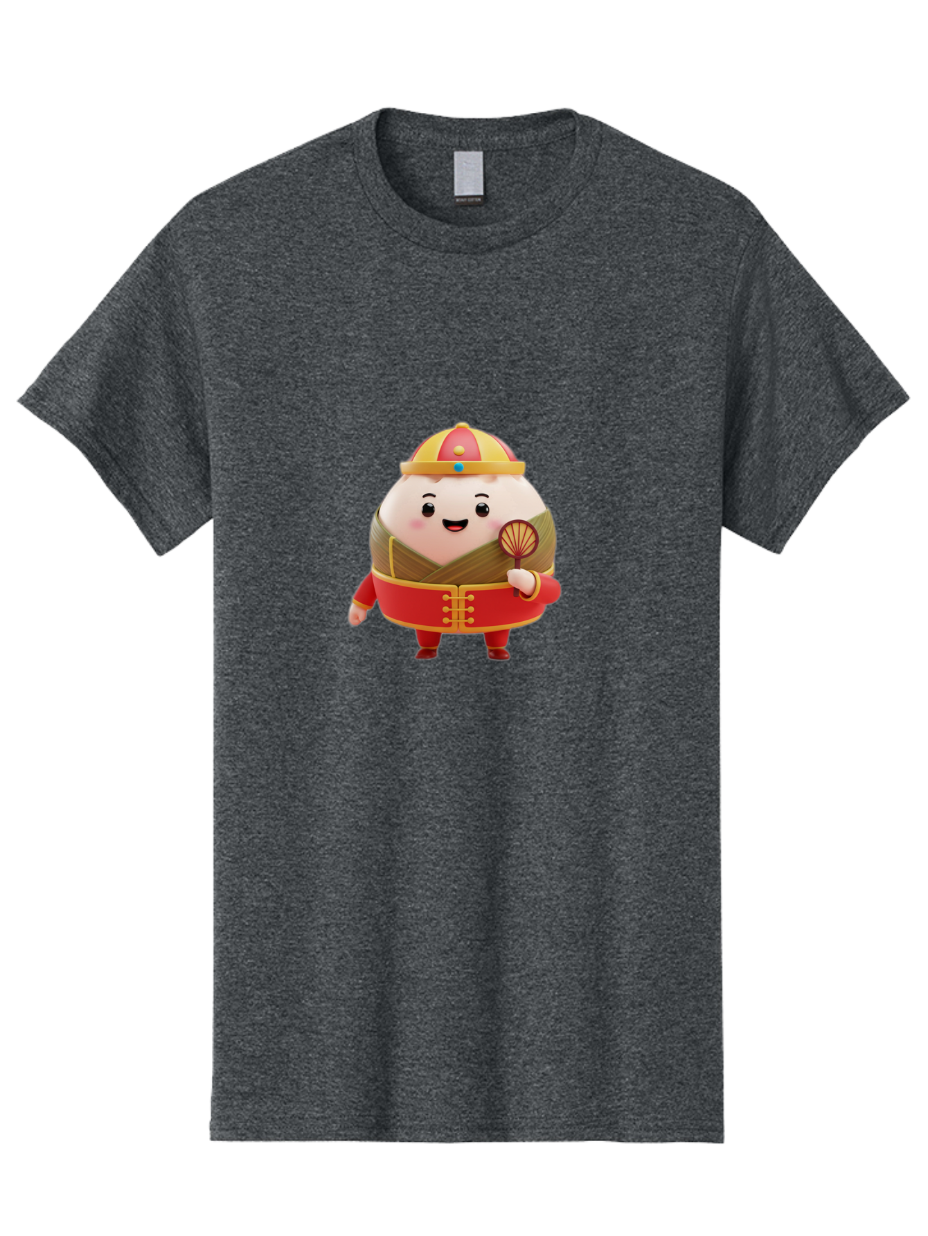 Dumpling-Character Men'S Graphic Tee, 100% Cotton, Comfortable Casual Summer Wear, Machine Washable, Cartoon Dumpling, Traditional Chinese Clothing, Red And Gold Attire, Smiling Face, Holding Fan, Cute Character, Chinese Culture, Baa568