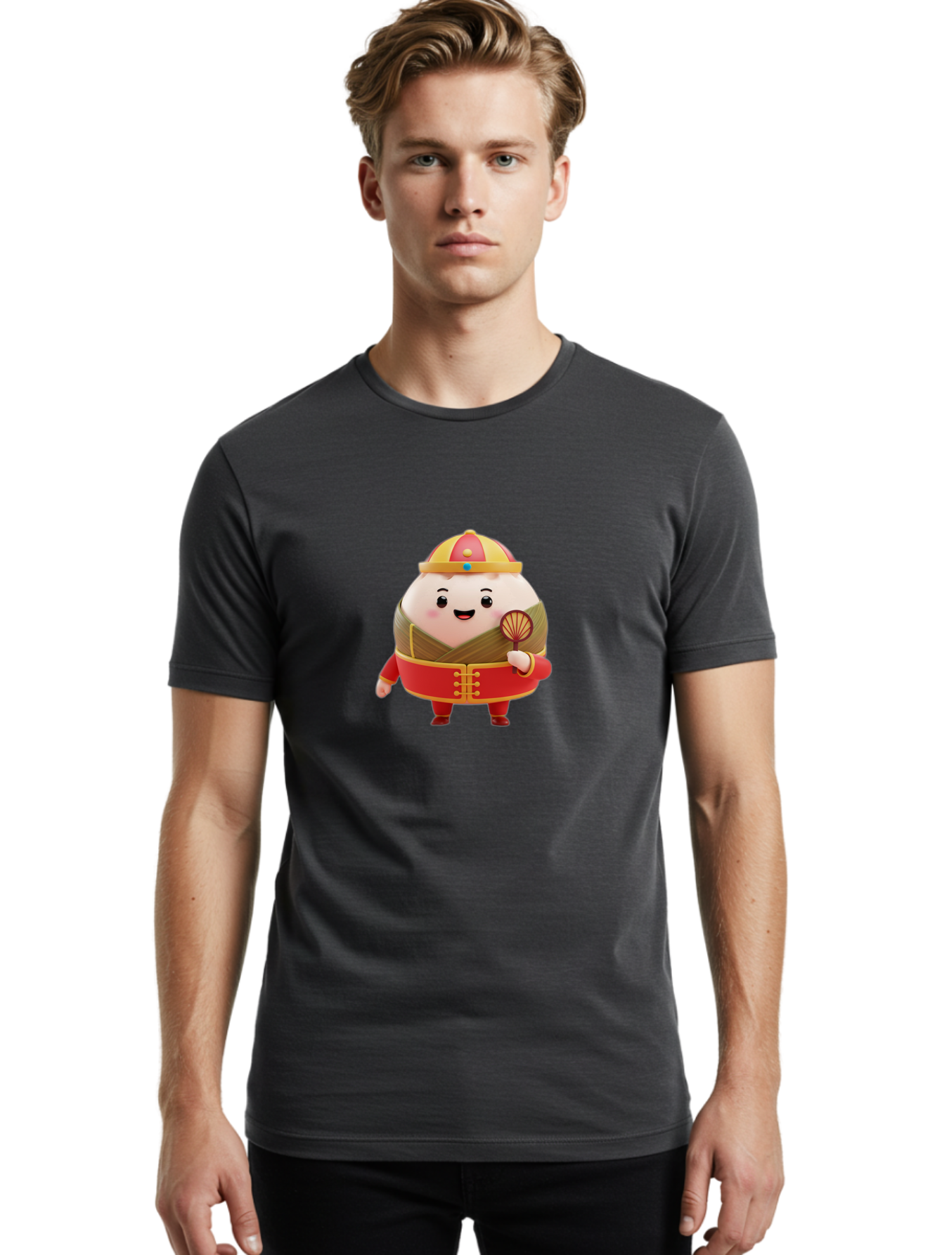 Dumpling-Character Men'S Graphic Tee, 100% Cotton, Comfortable Casual Summer Wear, Machine Washable, Cartoon Dumpling, Traditional Chinese Clothing, Red And Gold Attire, Smiling Face, Holding Fan, Cute Character, Chinese Culture, Baa568