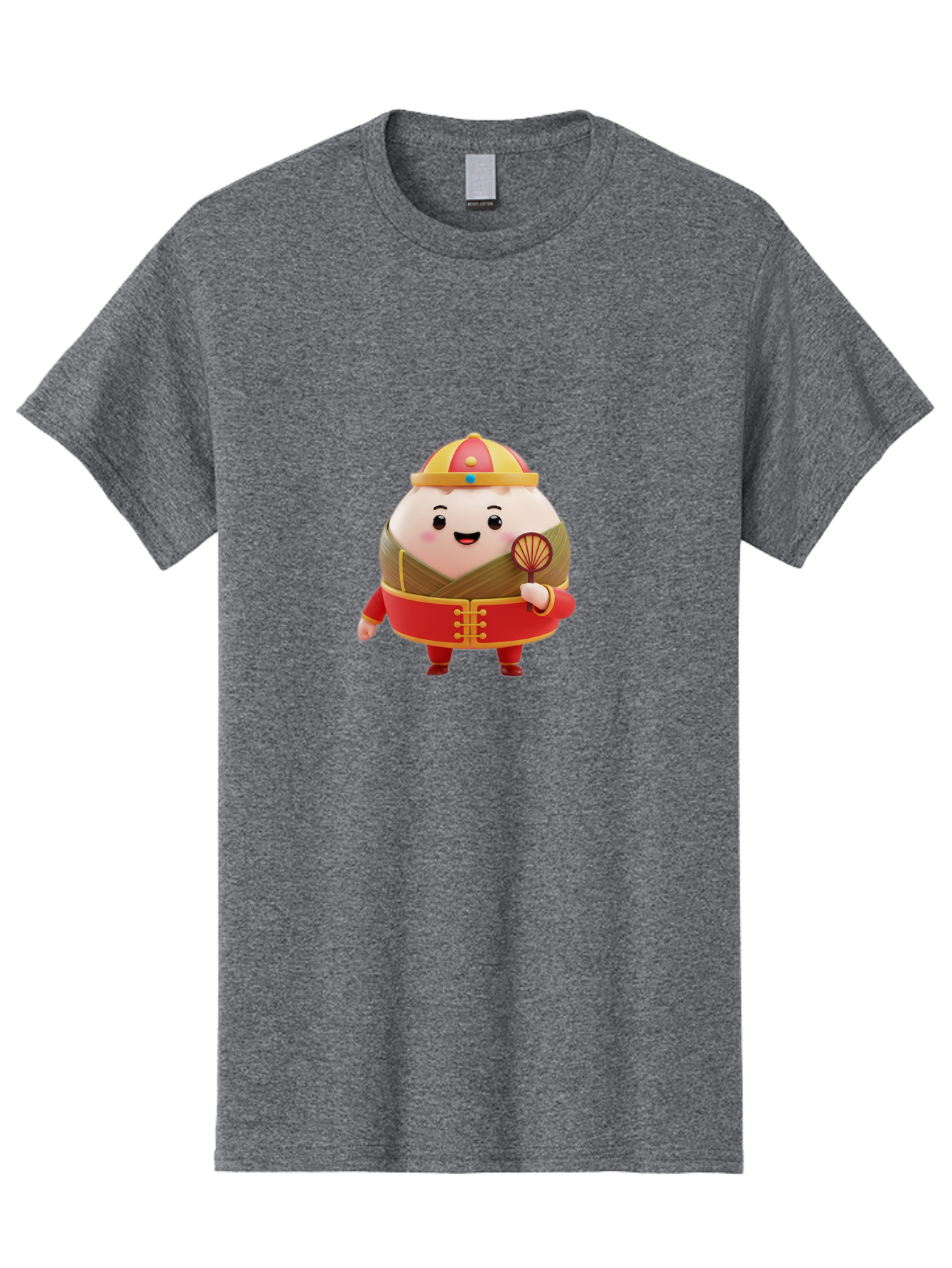 Dumpling-Character Men'S Graphic Tee, 100% Cotton, Comfortable Casual Summer Wear, Machine Washable, Cartoon Dumpling, Traditional Chinese Clothing, Red And Gold Attire, Smiling Face, Holding Fan, Cute Character, Chinese Culture, Baa568