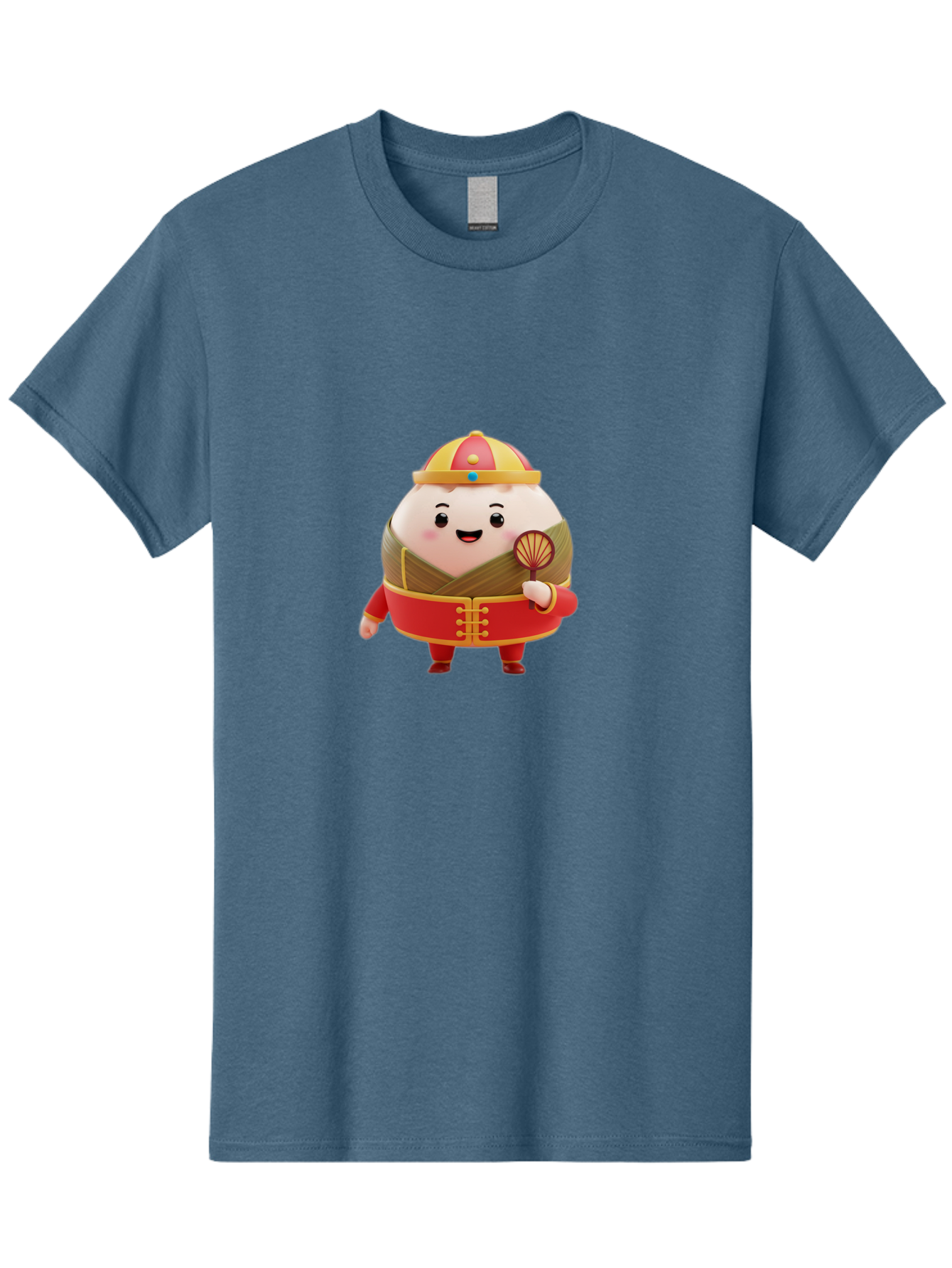 Dumpling-Character Men'S Graphic Tee, 100% Cotton, Comfortable Casual Summer Wear, Machine Washable, Cartoon Dumpling, Traditional Chinese Clothing, Red And Gold Attire, Smiling Face, Holding Fan, Cute Character, Chinese Culture, Baa568