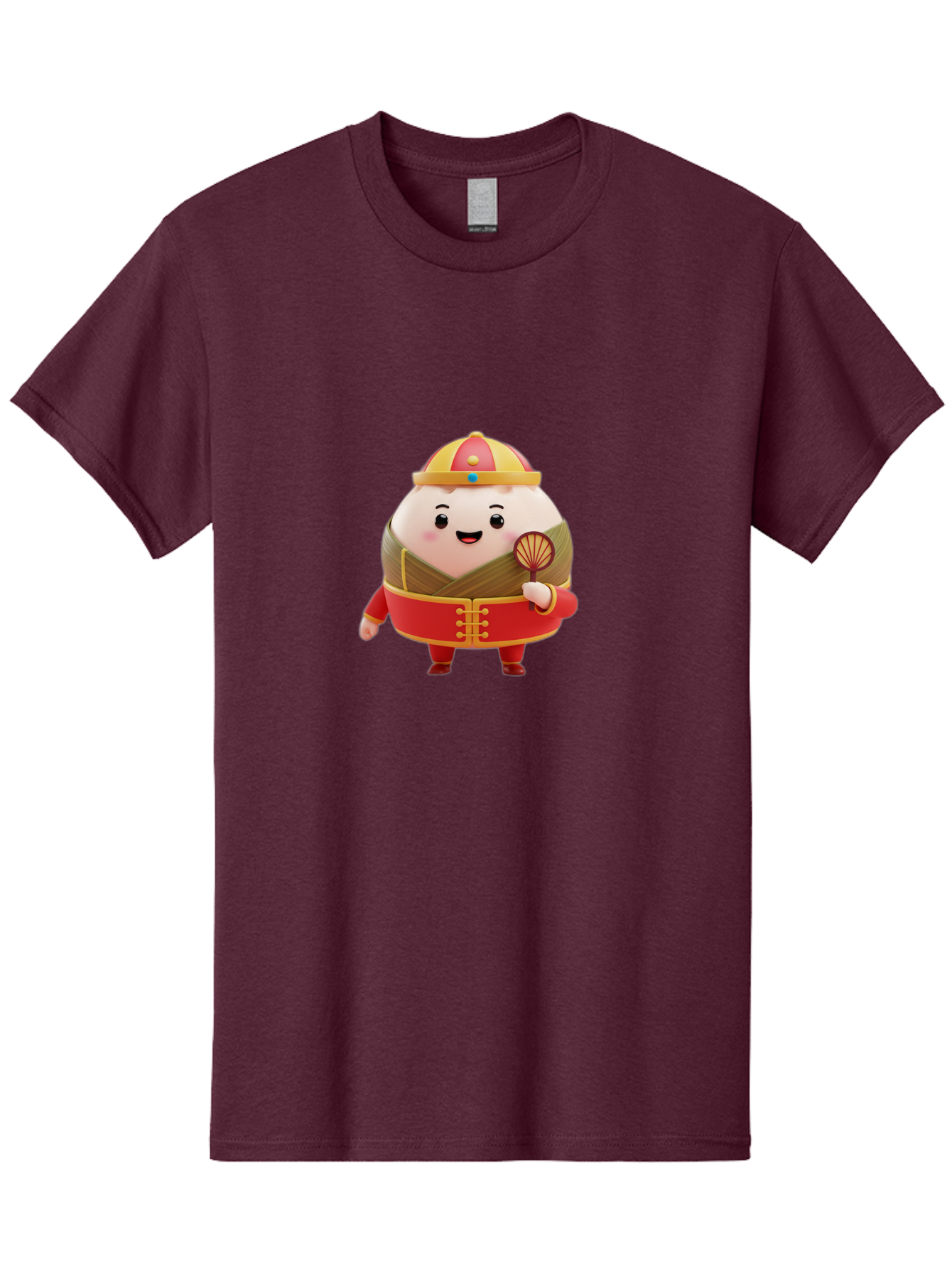 Dumpling-Character Men'S Graphic Tee, 100% Cotton, Comfortable Casual Summer Wear, Machine Washable, Cartoon Dumpling, Traditional Chinese Clothing, Red And Gold Attire, Smiling Face, Holding Fan, Cute Character, Chinese Culture, Baa568