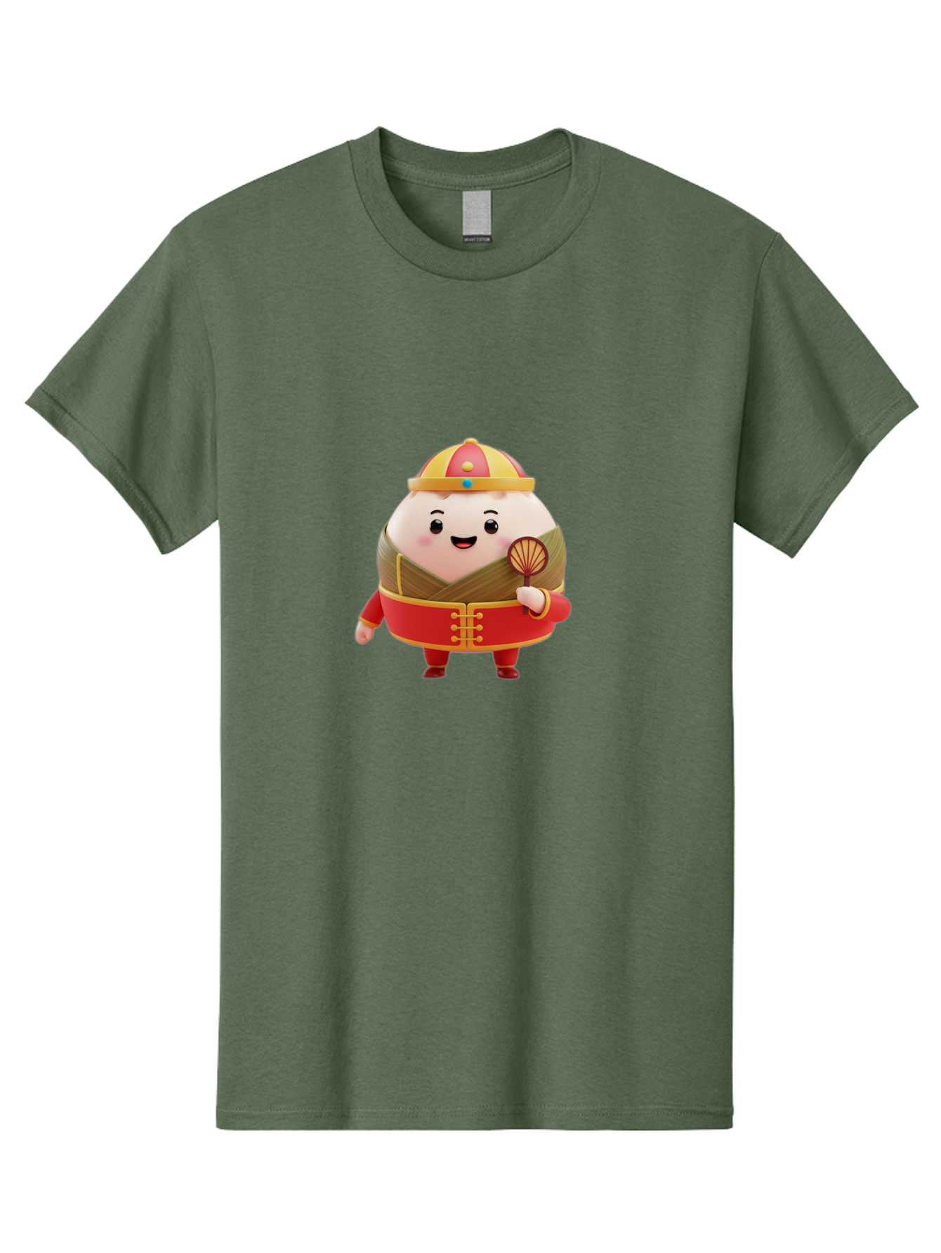 Dumpling-Character Men'S Graphic Tee, 100% Cotton, Comfortable Casual Summer Wear, Machine Washable, Cartoon Dumpling, Traditional Chinese Clothing, Red And Gold Attire, Smiling Face, Holding Fan, Cute Character, Chinese Culture, Baa568