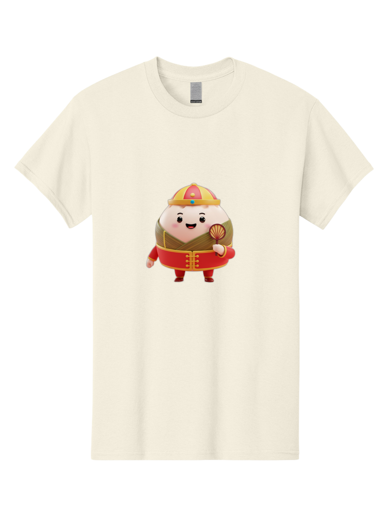 Dumpling-Character Men'S Graphic Tee, 100% Cotton, Comfortable Casual Summer Wear, Machine Washable, Cartoon Dumpling, Traditional Chinese Clothing, Red And Gold Attire, Smiling Face, Holding Fan, Cute Character, Chinese Culture, Baa568