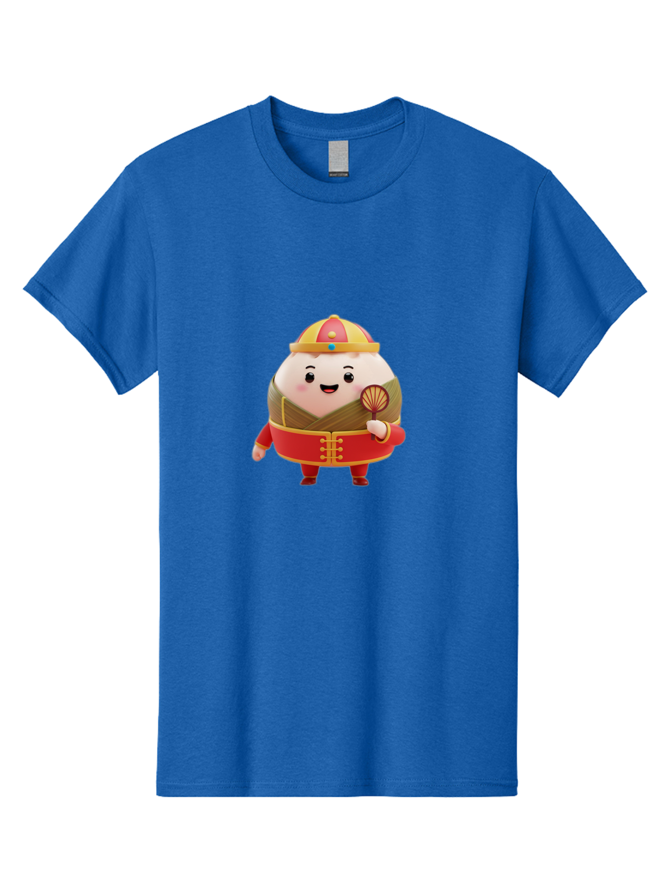 Dumpling-Character Men'S Graphic Tee, 100% Cotton, Comfortable Casual Summer Wear, Machine Washable, Cartoon Dumpling, Traditional Chinese Clothing, Red And Gold Attire, Smiling Face, Holding Fan, Cute Character, Chinese Culture, Baa568