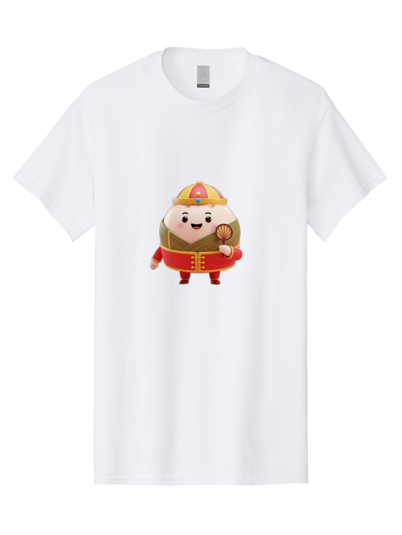 Dumpling-Character Men'S Graphic Tee, 100% Cotton, Comfortable Casual Summer Wear, Machine Washable, Cartoon Dumpling, Traditional Chinese Clothing, Red And Gold Attire, Smiling Face, Holding Fan, Cute Character, Chinese Culture, Baa568