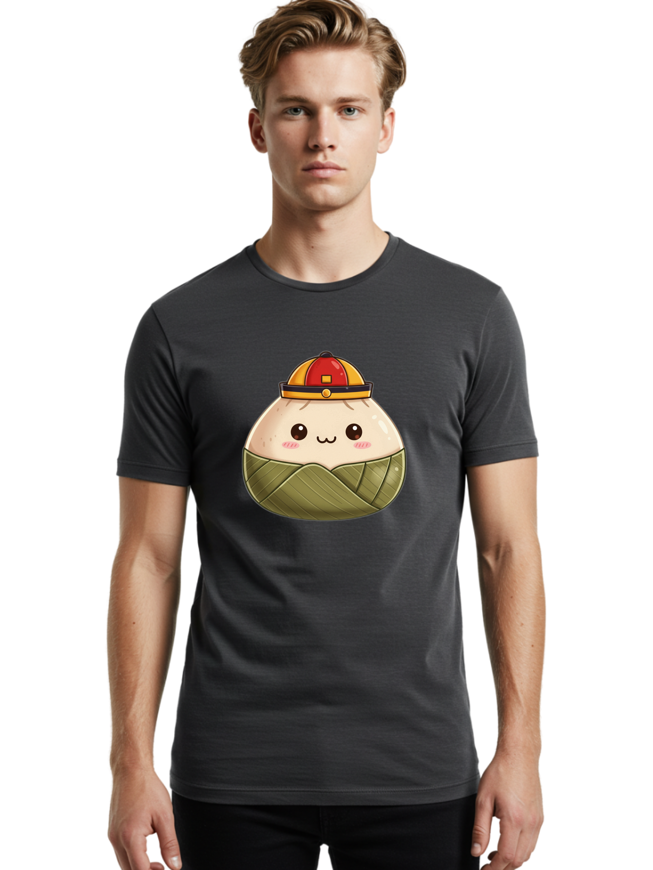 Dumpling-In-Firefighter-Hat Men'S Graphic Tee, 100% Cotton, Comfortable Casual Summer Wear, Machine Washable, Cartoon Baozi, Firefighter Hat, Red And Yellow, Cute Character, Steamed Bun, Kawaii Food, Chinese Cuisine, Adorable Illustration, Baa569