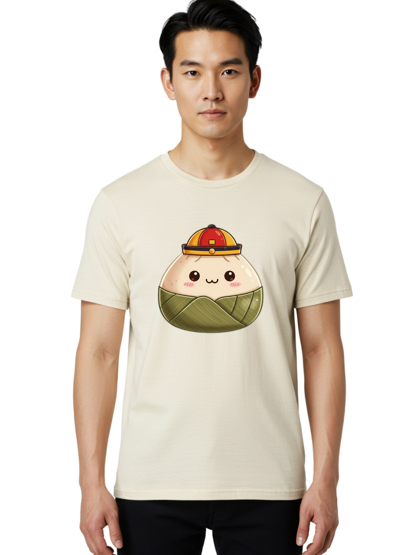 Dumpling-In-Firefighter-Hat Men'S Graphic Tee, 100% Cotton, Comfortable Casual Summer Wear, Machine Washable, Cartoon Baozi, Firefighter Hat, Red And Yellow, Cute Character, Steamed Bun, Kawaii Food, Chinese Cuisine, Adorable Illustration, Baa569