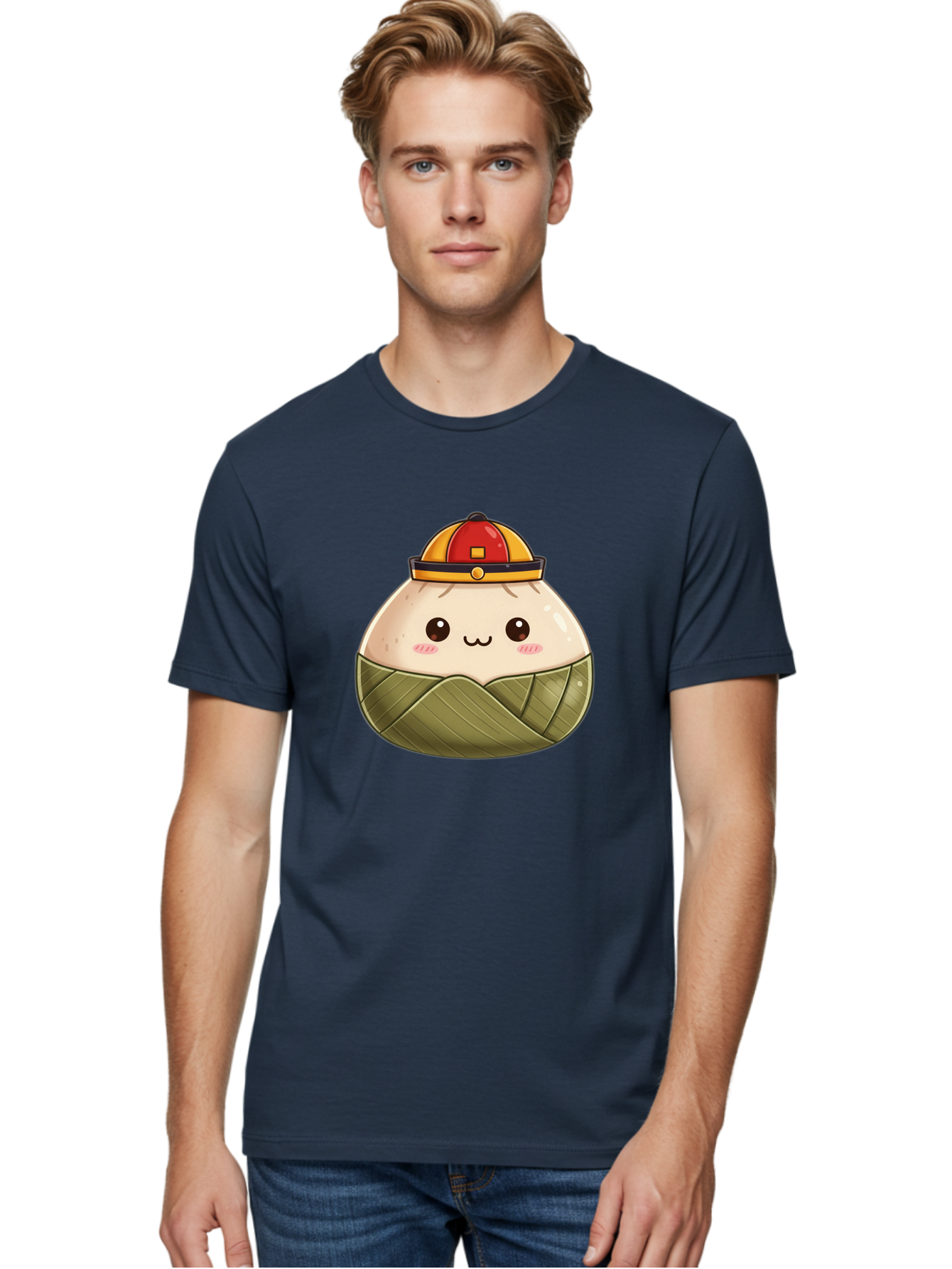Dumpling-In-Firefighter-Hat Men'S Graphic Tee, 100% Cotton, Comfortable Casual Summer Wear, Machine Washable, Cartoon Baozi, Firefighter Hat, Red And Yellow, Cute Character, Steamed Bun, Kawaii Food, Chinese Cuisine, Adorable Illustration, Baa569