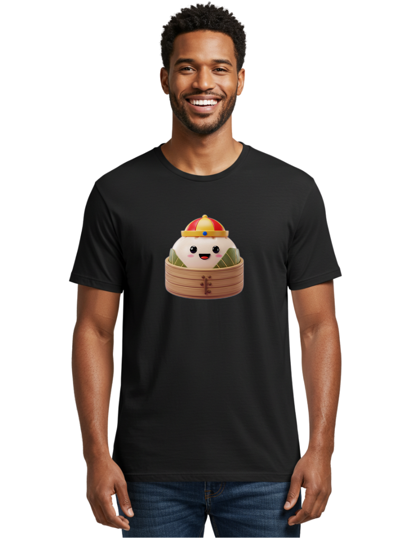 Dumpling-King Men'S Graphic Tee, 100% Cotton, Comfortable Casual Summer Wear, Machine Washable, Cartoon Dumpling, Chinese Cuisine, Steamed Bun, Bamboo Steamer, Happy Face, Kawaii Culture, Foodie Art, Adorable Character, Dumpling King Baa570