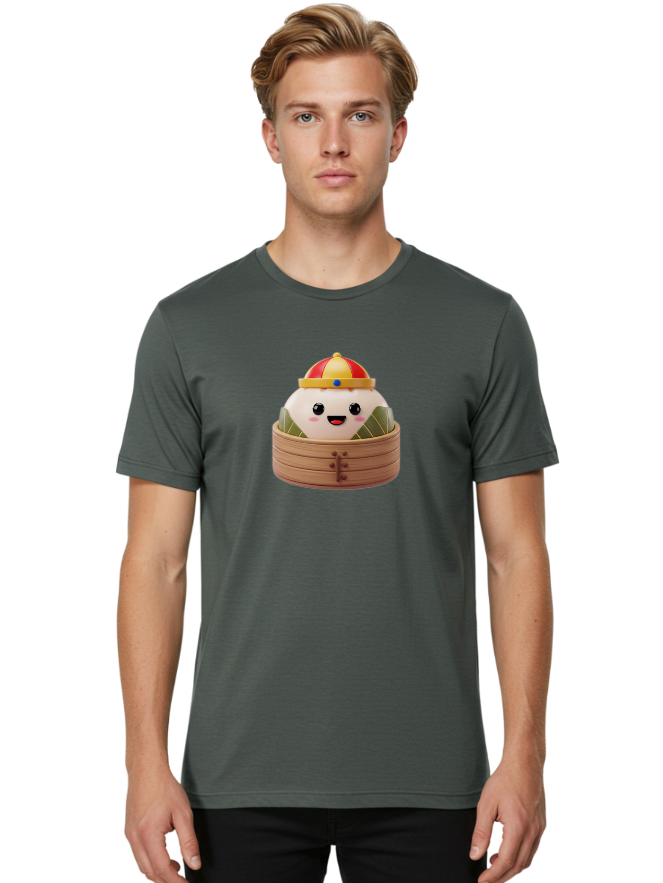 Dumpling-King Men'S Graphic Tee, 100% Cotton, Comfortable Casual Summer Wear, Machine Washable, Cartoon Dumpling, Chinese Cuisine, Steamed Bun, Bamboo Steamer, Happy Face, Kawaii Culture, Foodie Art, Adorable Character, Dumpling King Baa570