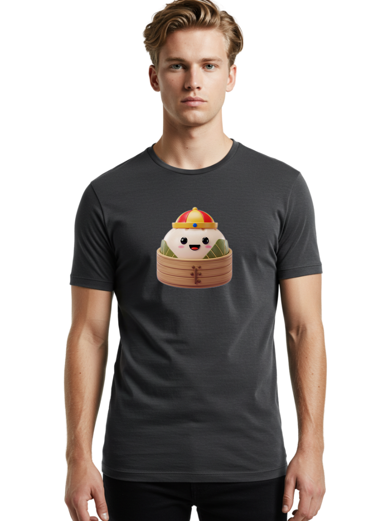Dumpling-King Men'S Graphic Tee, 100% Cotton, Comfortable Casual Summer Wear, Machine Washable, Cartoon Dumpling, Chinese Cuisine, Steamed Bun, Bamboo Steamer, Happy Face, Kawaii Culture, Foodie Art, Adorable Character, Dumpling King Baa570