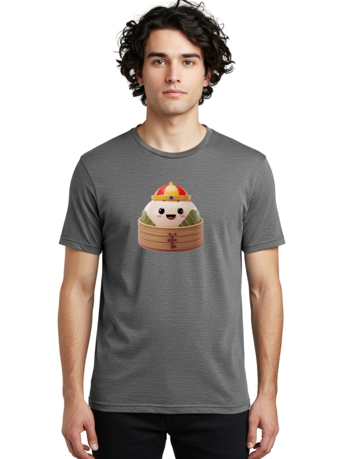 Dumpling-King Men'S Graphic Tee, 100% Cotton, Comfortable Casual Summer Wear, Machine Washable, Cartoon Dumpling, Chinese Cuisine, Steamed Bun, Bamboo Steamer, Happy Face, Kawaii Culture, Foodie Art, Adorable Character, Dumpling King Baa570