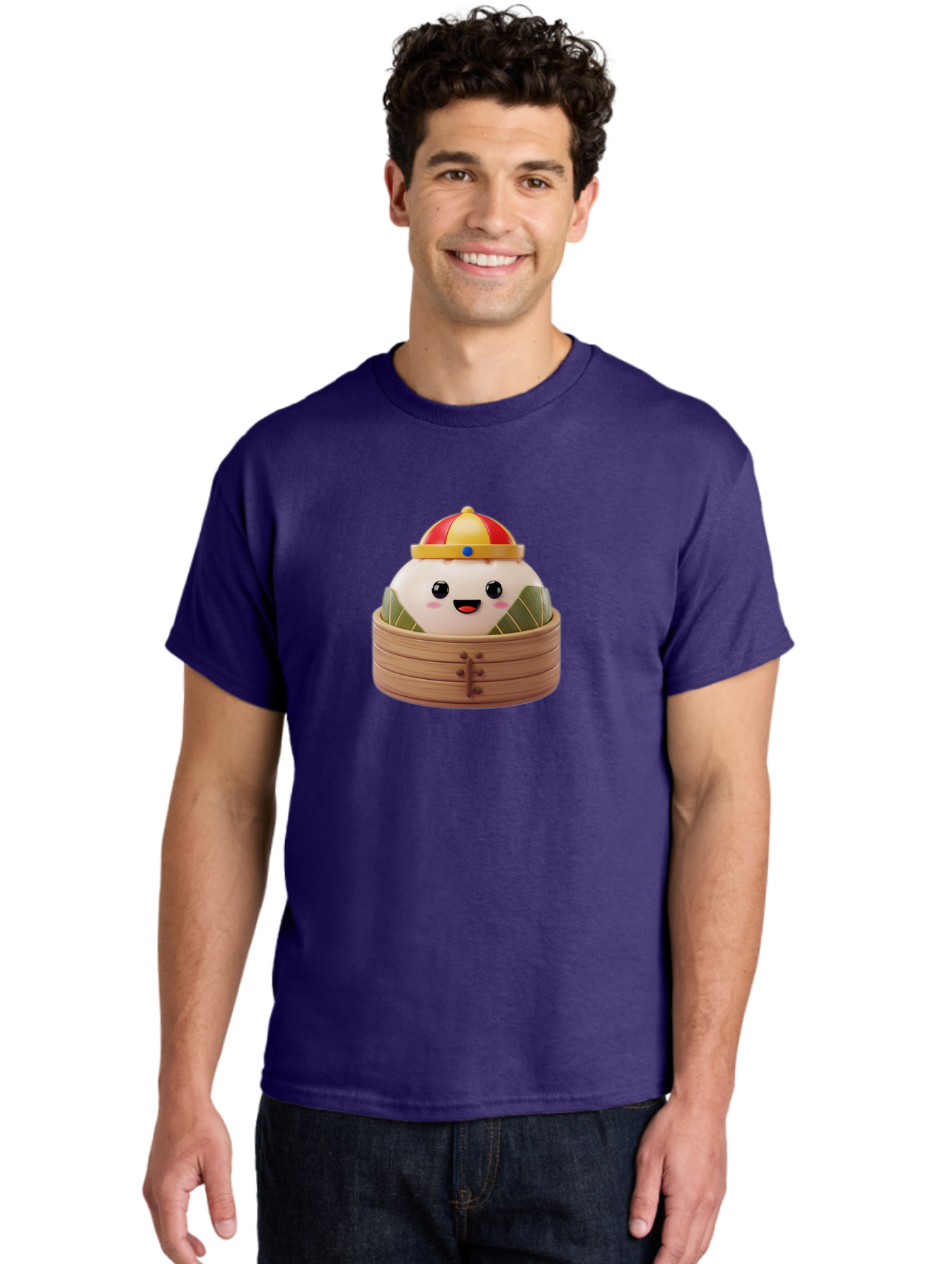 Dumpling-King Men'S Graphic Tee, 100% Cotton, Comfortable Casual Summer Wear, Machine Washable, Cartoon Dumpling, Chinese Cuisine, Steamed Bun, Bamboo Steamer, Happy Face, Kawaii Culture, Foodie Art, Adorable Character, Dumpling King Baa570