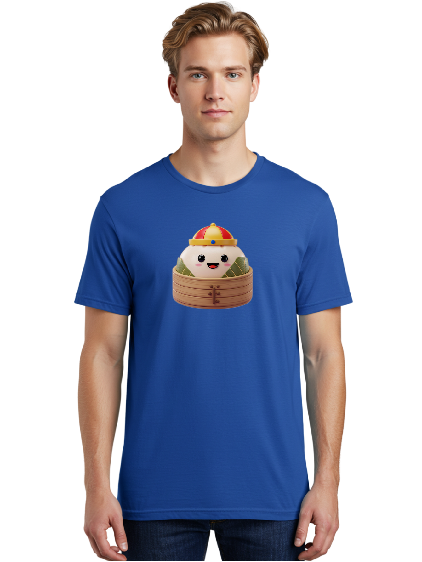 Dumpling-King Men'S Graphic Tee, 100% Cotton, Comfortable Casual Summer Wear, Machine Washable, Cartoon Dumpling, Chinese Cuisine, Steamed Bun, Bamboo Steamer, Happy Face, Kawaii Culture, Foodie Art, Adorable Character, Dumpling King Baa570