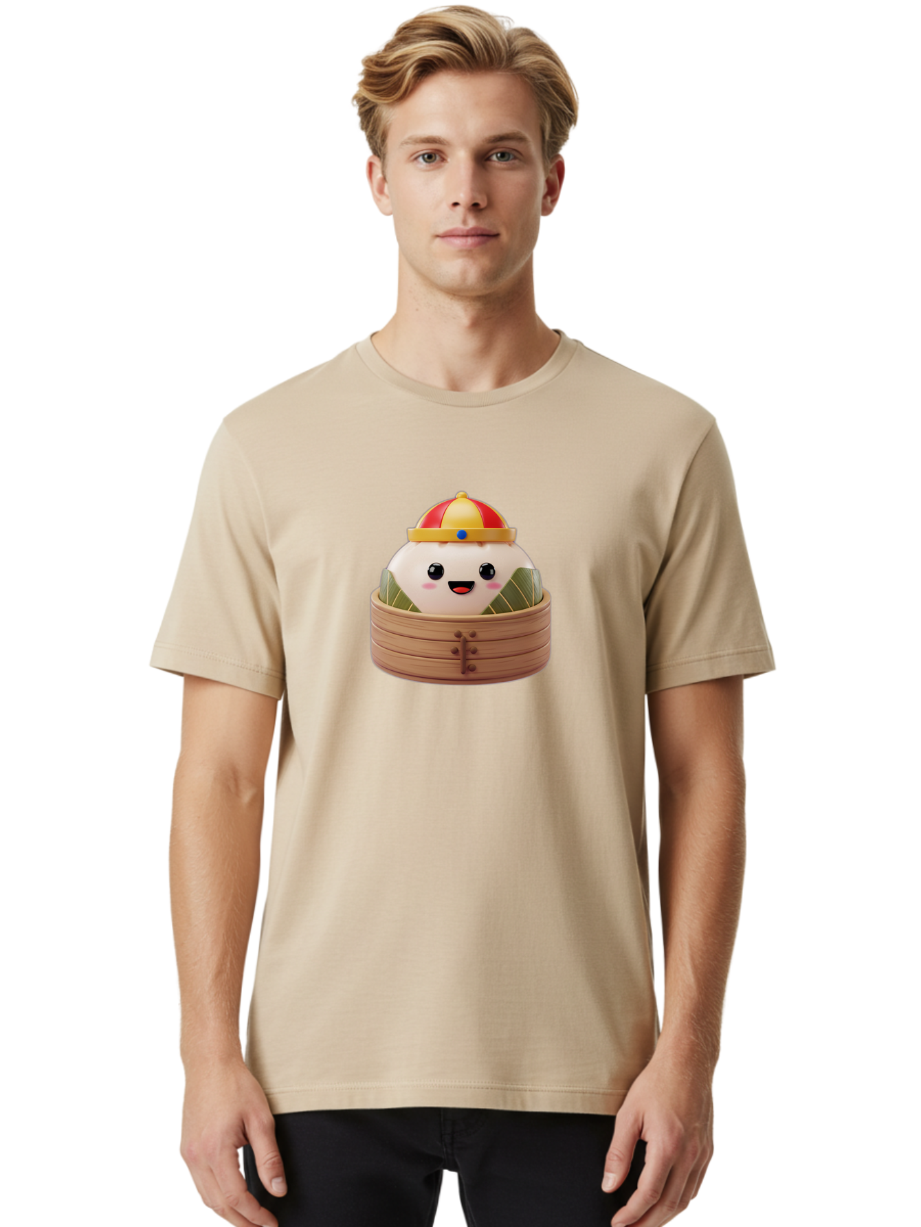 Dumpling-King Men'S Graphic Tee, 100% Cotton, Comfortable Casual Summer Wear, Machine Washable, Cartoon Dumpling, Chinese Cuisine, Steamed Bun, Bamboo Steamer, Happy Face, Kawaii Culture, Foodie Art, Adorable Character, Dumpling King Baa570