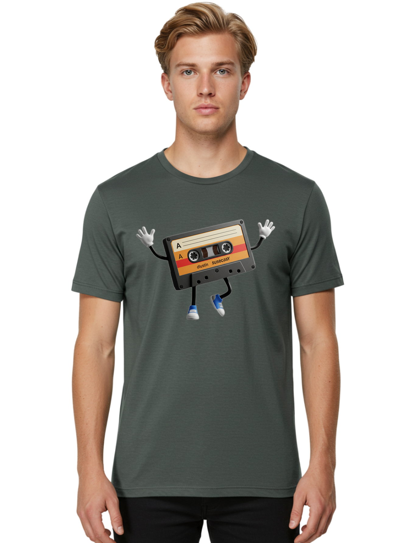 Dustin-Susacasy-Cassette Men'S Graphic Tee, 100% Cotton, Comfortable Casual Summer Wear, Machine Washable, Retro Cassette Tape Character, Vintage Music Format, Nostalgic Design, Animated Object, Dancin' Mixtape, Funky Art Style, Playful Vibe, Baa571